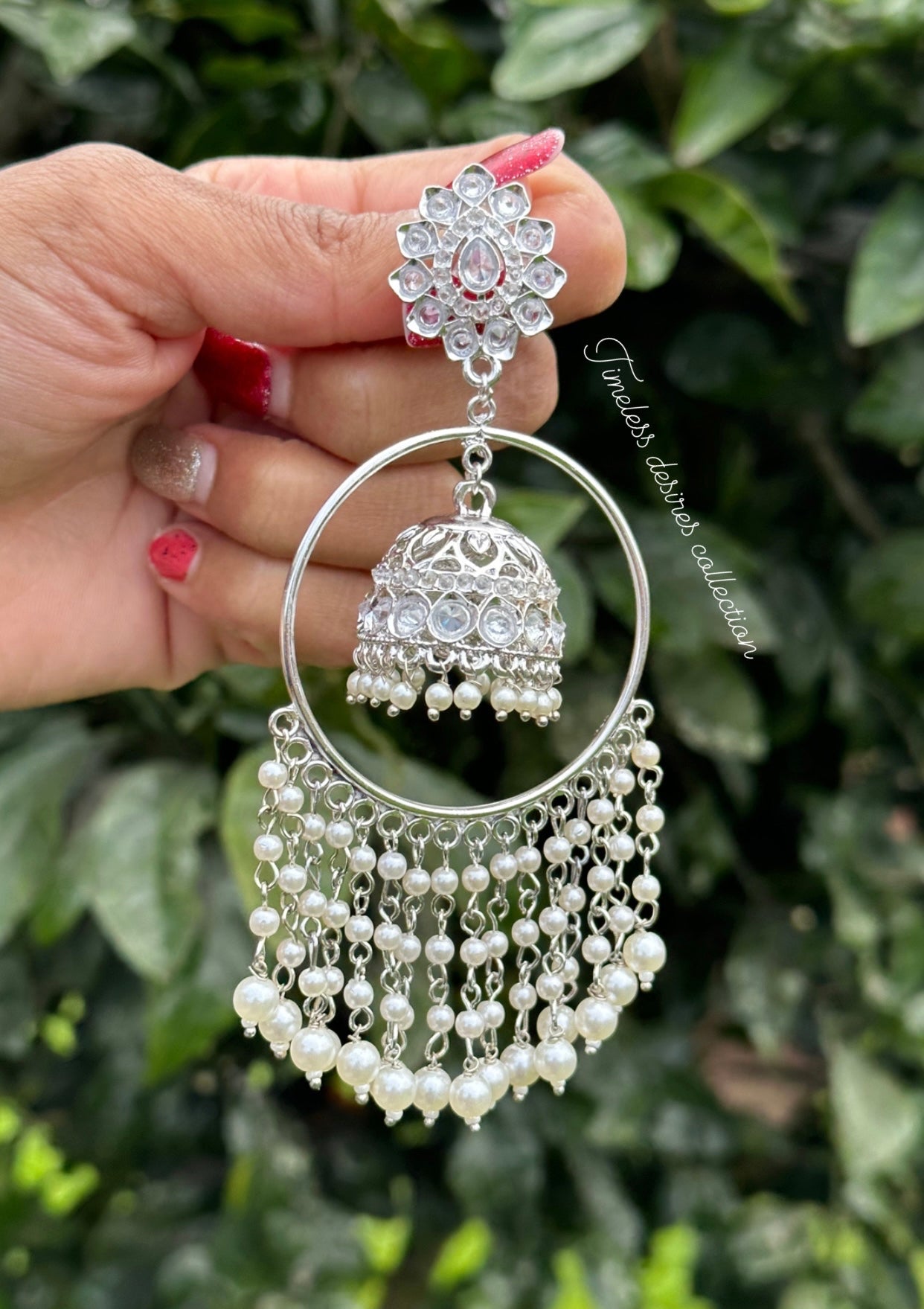 Silver pearl drop Jhumka waaliya in polki ( reverse AD )