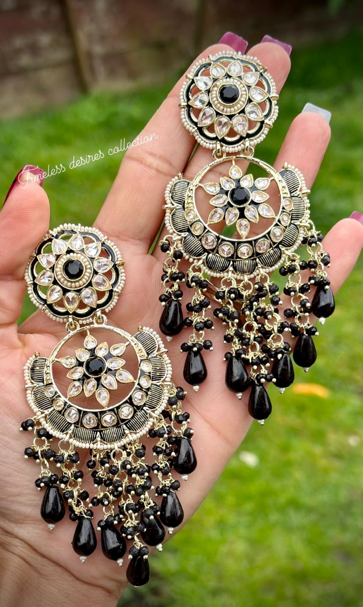 Black pearl drop earrings in Meenakari Kundan