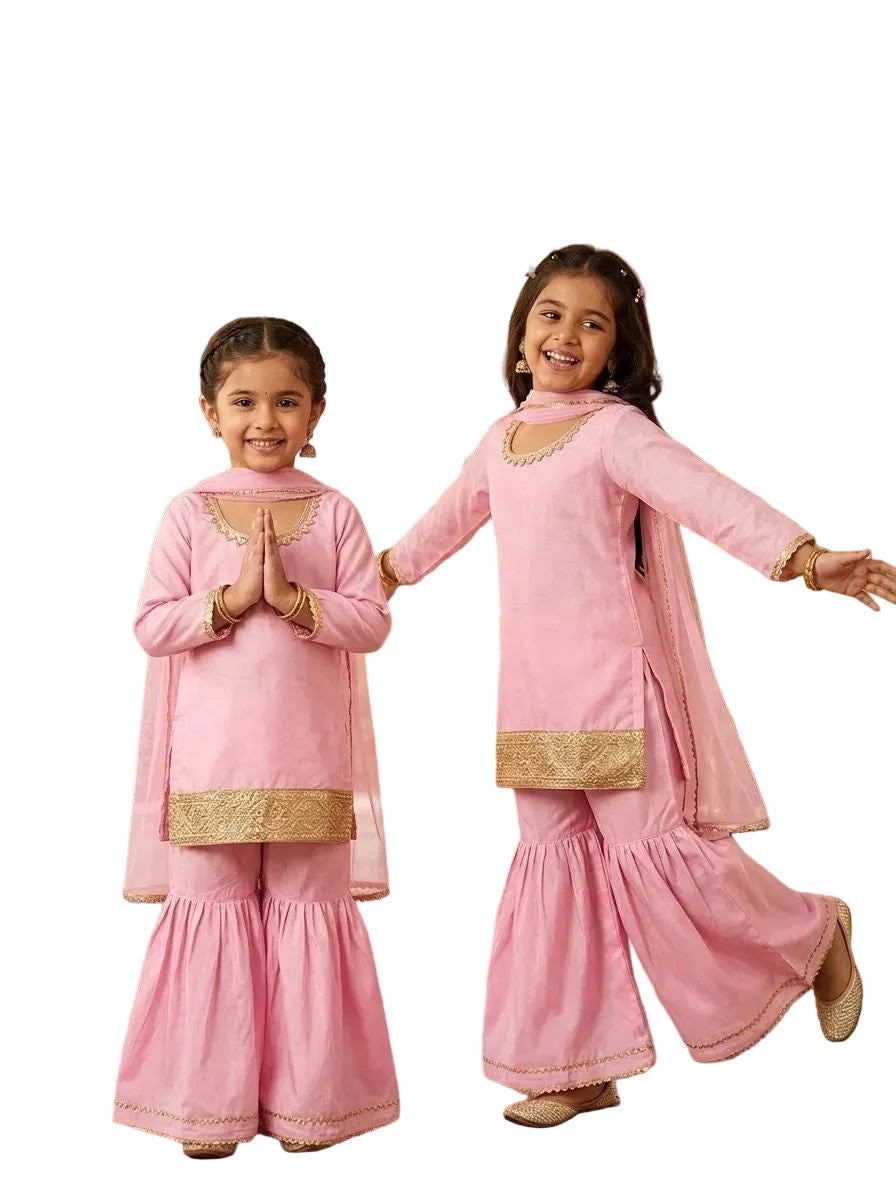 Girls Sharara Suit in colour Pink on Chinon Fabric with lace designing with beautiful Net Duppata