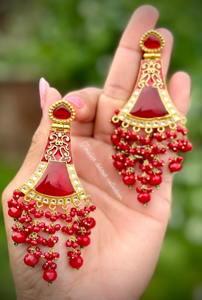 Maroon Meenakari Earrings with Monalisa stone in Gold Plating