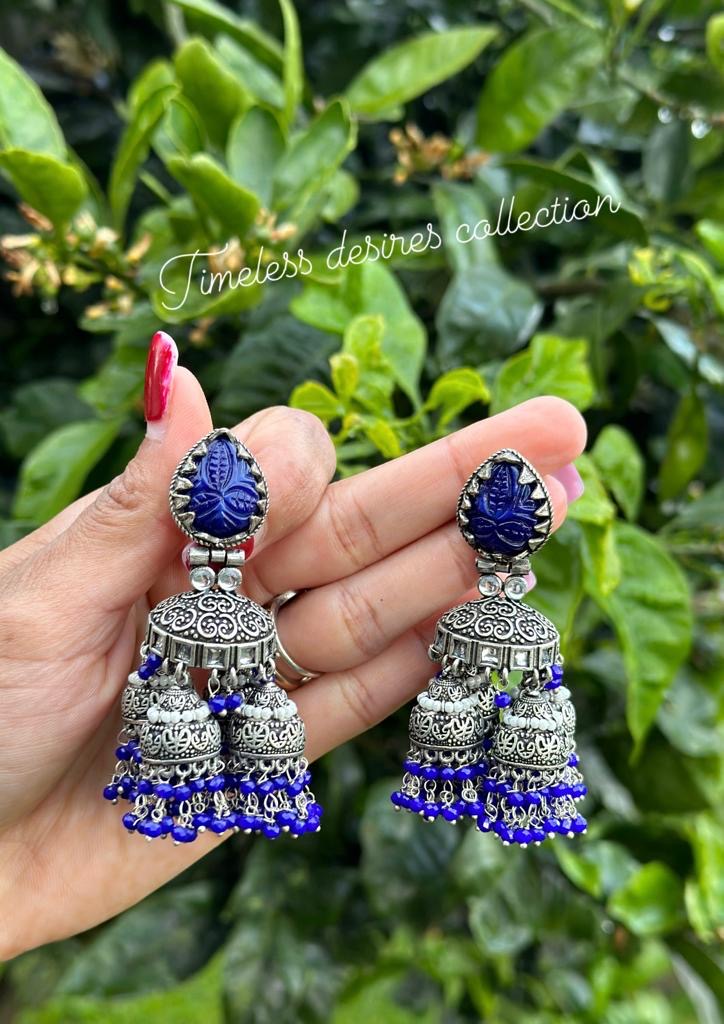 Blue Jhumka drop earrings in oxidised look in silver