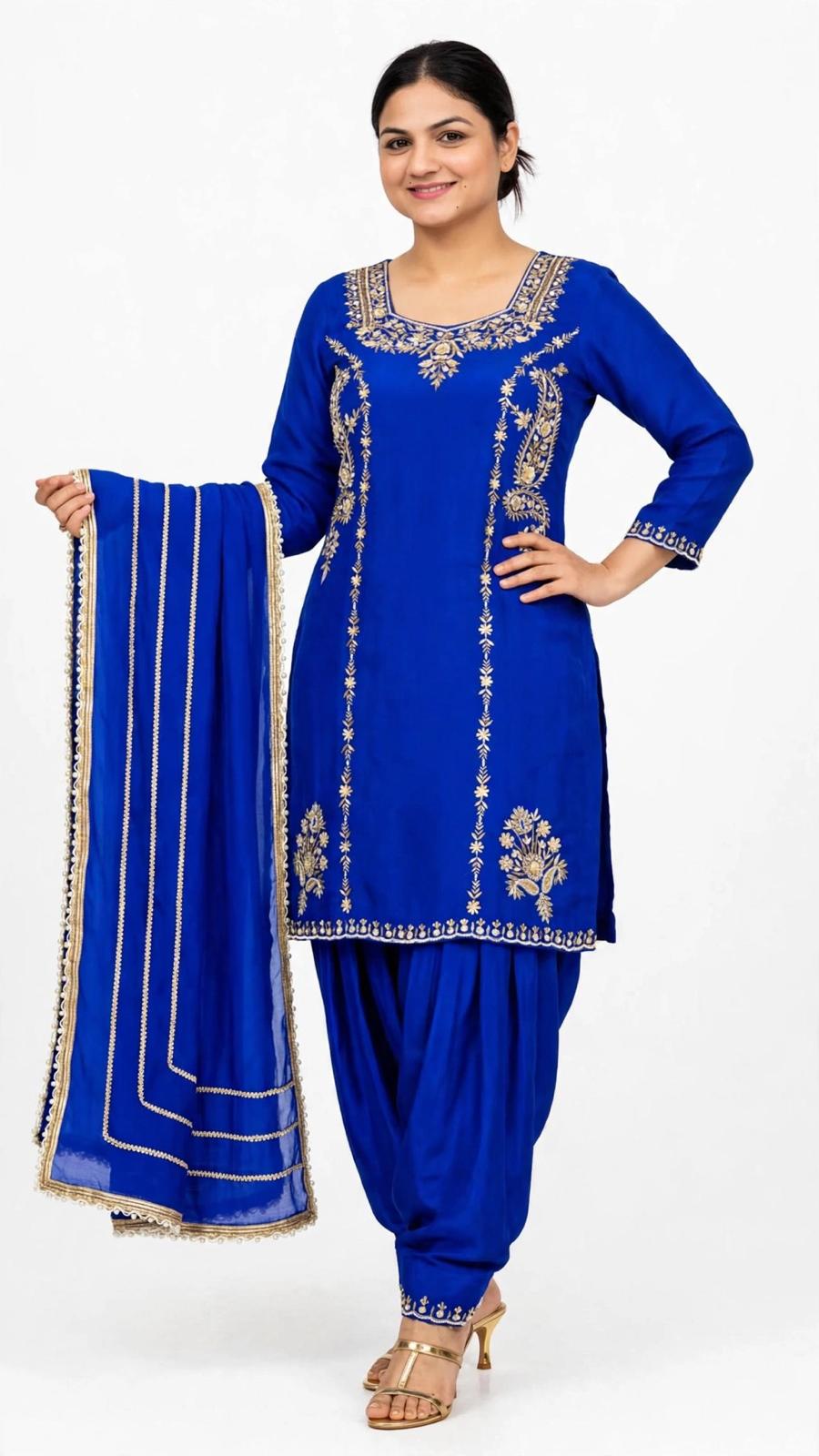 Handwork Party wear suit on pure fabric with lace enhanced Duppata - colour: Royal blue ( Code: 105 )