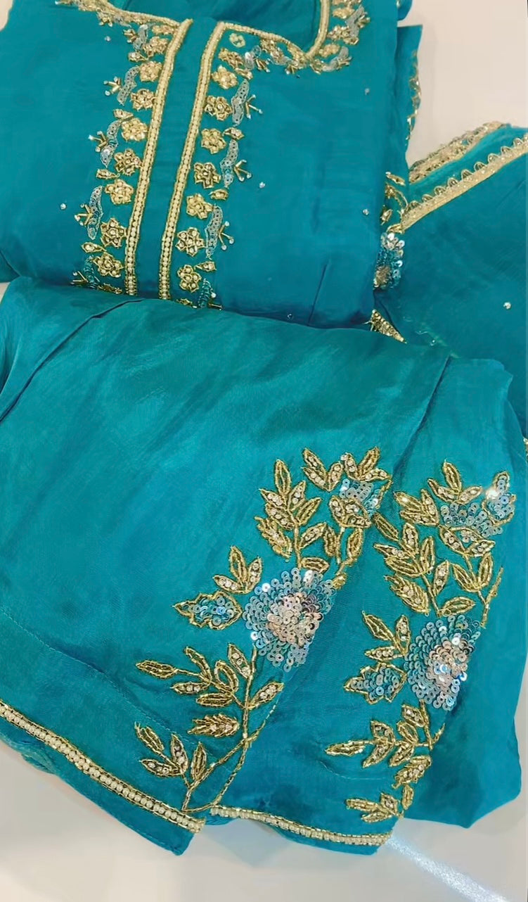 Sky blue suit with Handwork on natural crepe - ( Code: 715 )