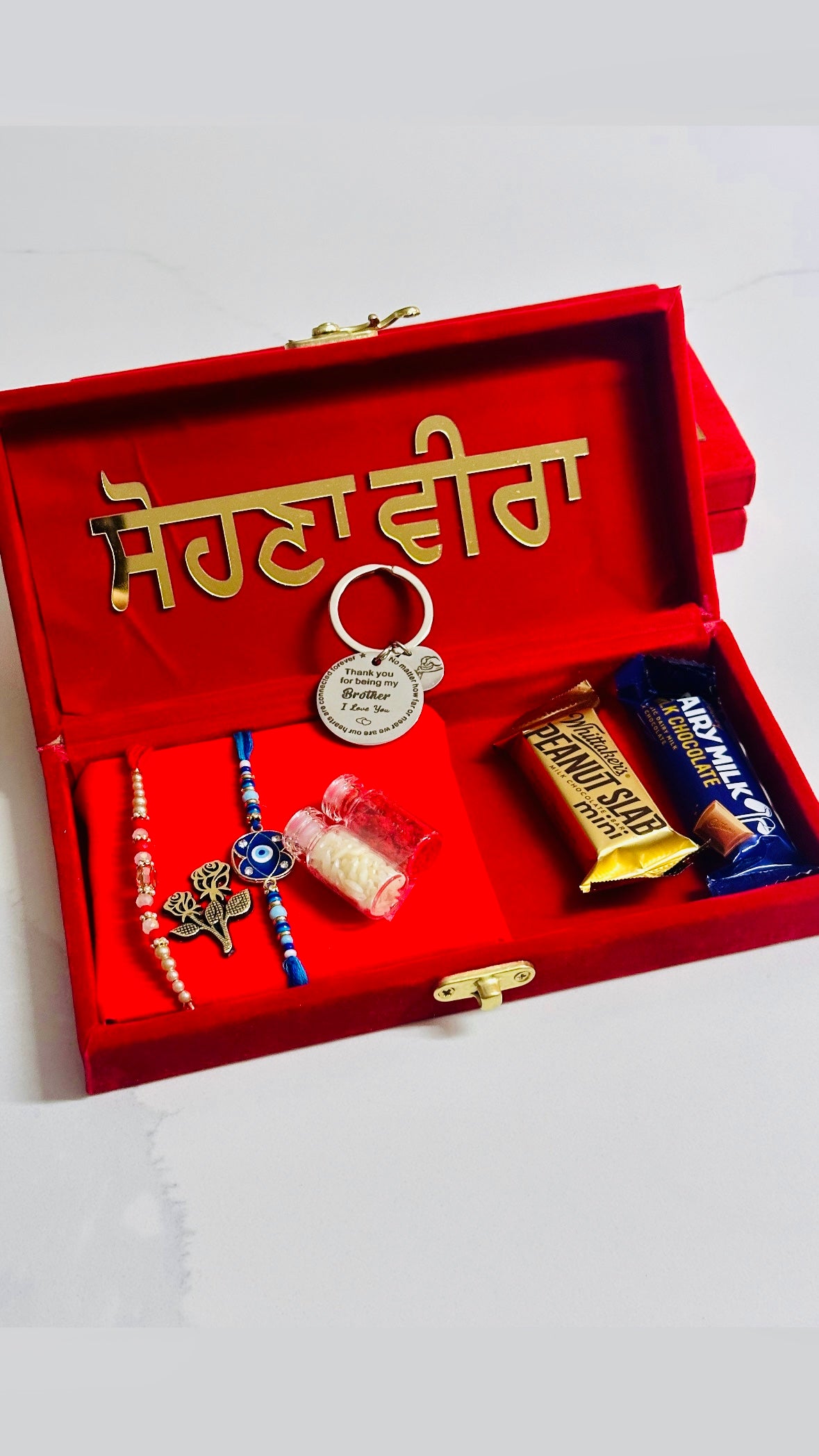 Rakhi / Rakhdi Gift Hamper Box with Gifts - ( All in one with Assorted designs ( Rakhdi according to availability )