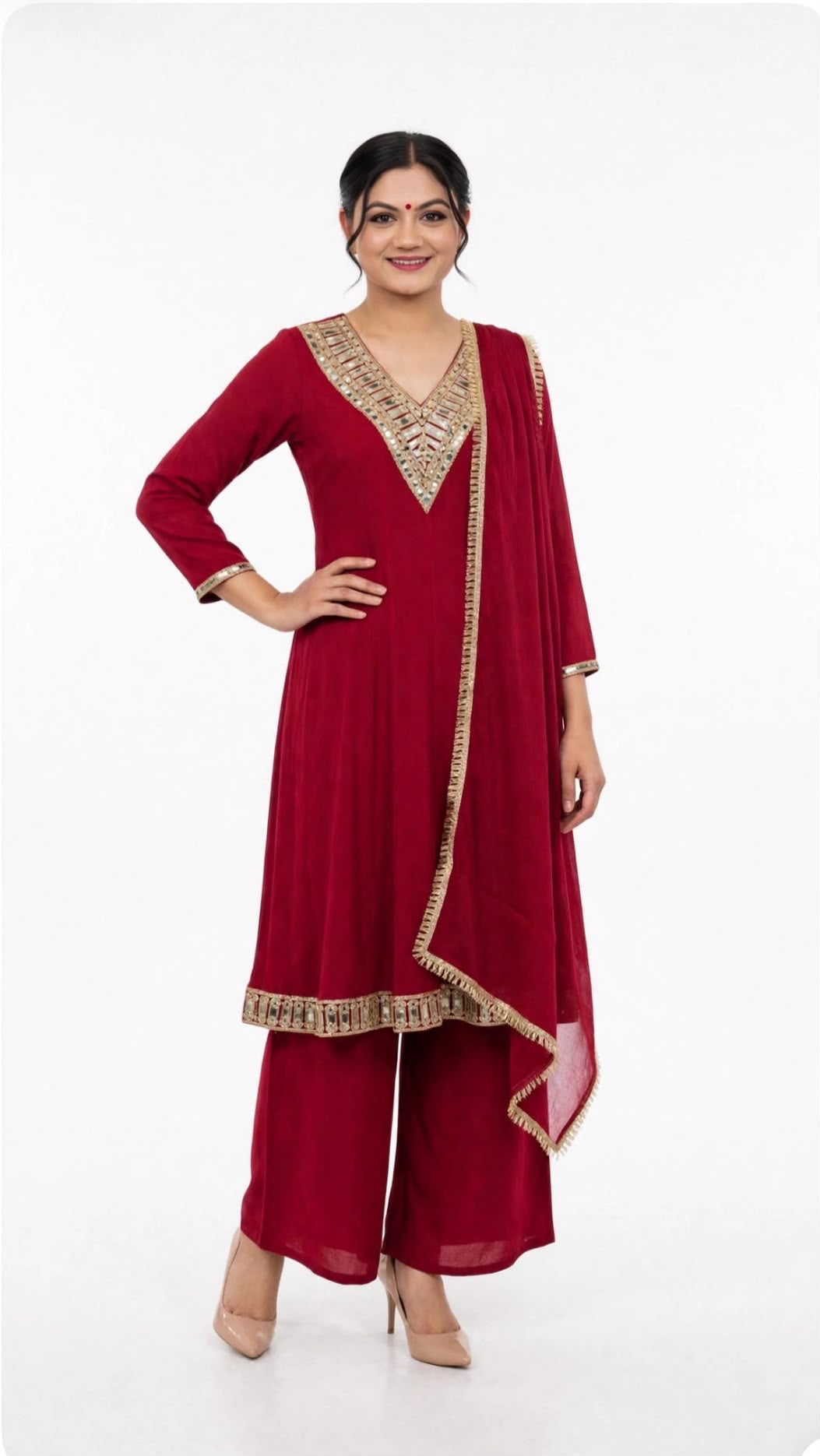 Red anarkali plazo Indo western suit in glass silk fabric : Code 364