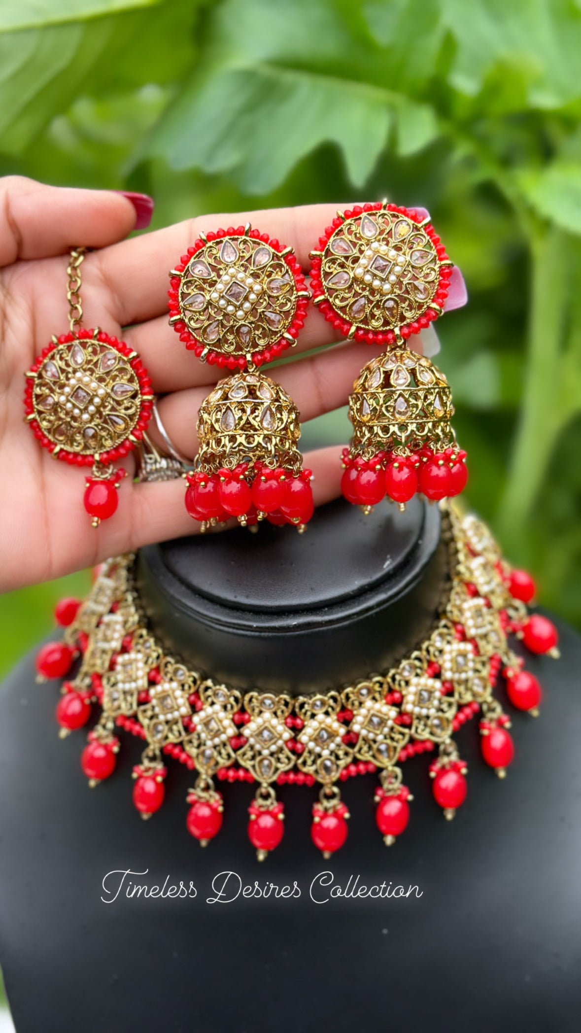 Red choker / necklace set with Jhumki in polki 👌