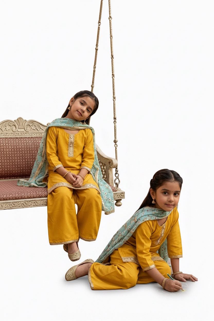 Kids plazo suit in beautiful yellow colour enhanced with stunning laces , paired up with printed light blue duppta as contrast : Semi Crape Fabric