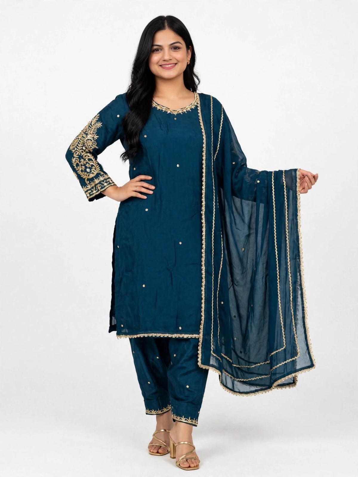 Partywear handwork Suit on pure organza with silk bottom and soft tabby duppta - Colour : Teal blue ( Code- 070 )