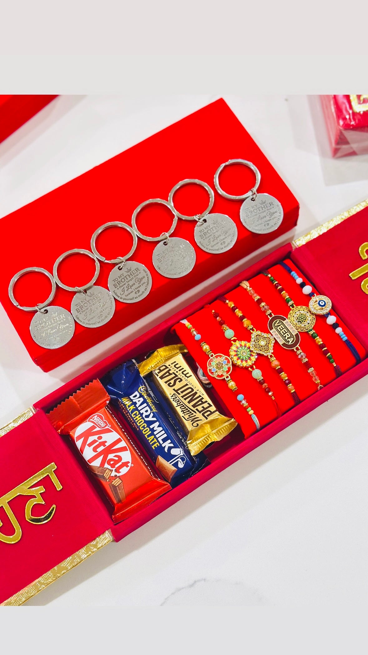 Family Rakhi Hamper bundle with Gifts - 6 Assorted Rakhdi + 6 Key Rings + Chocolates
