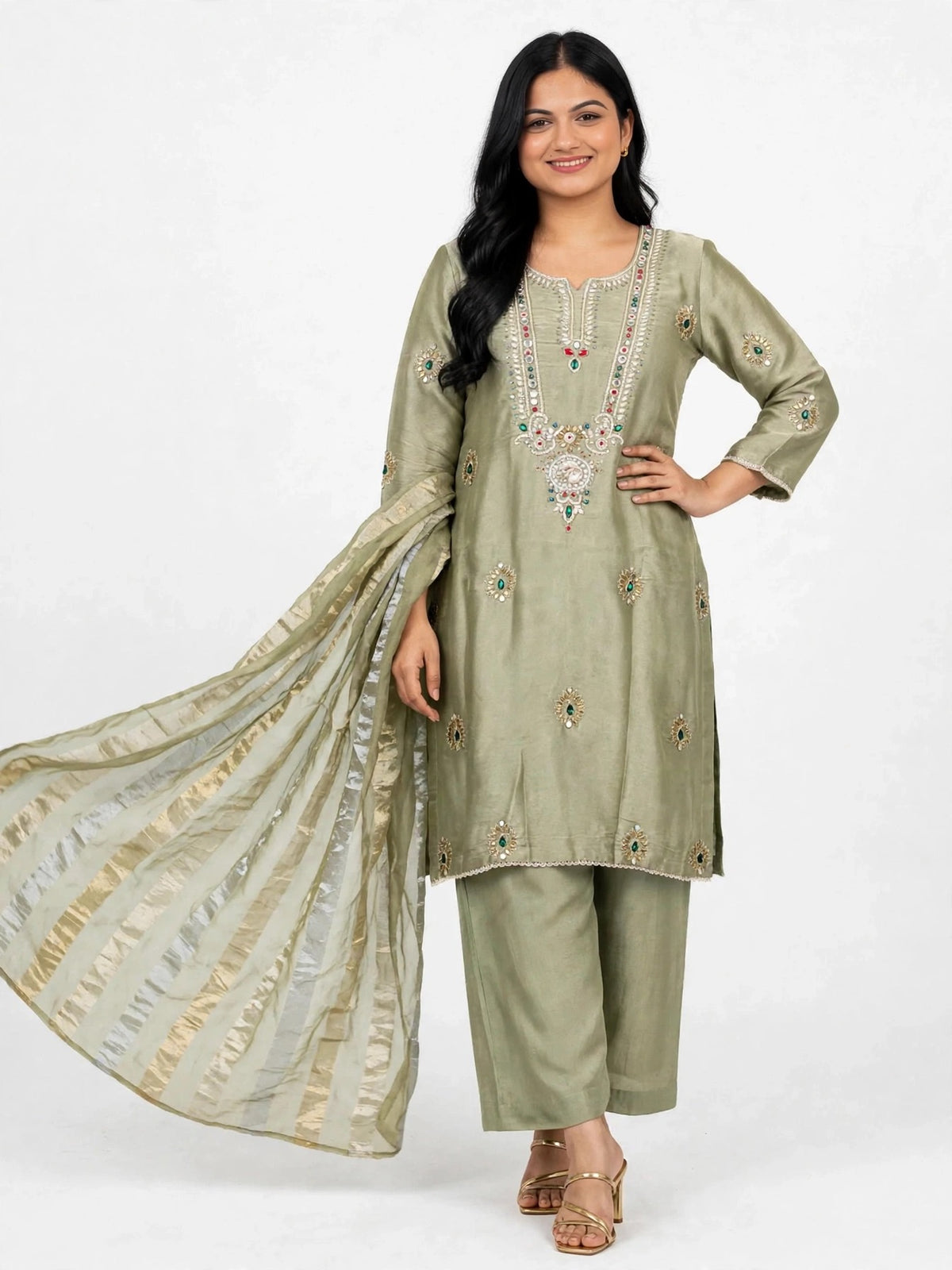 Partywear Wear Handwork suit on Ziraffe silk with organza Duppata - Colour: Pistachio ( Code- 108 )