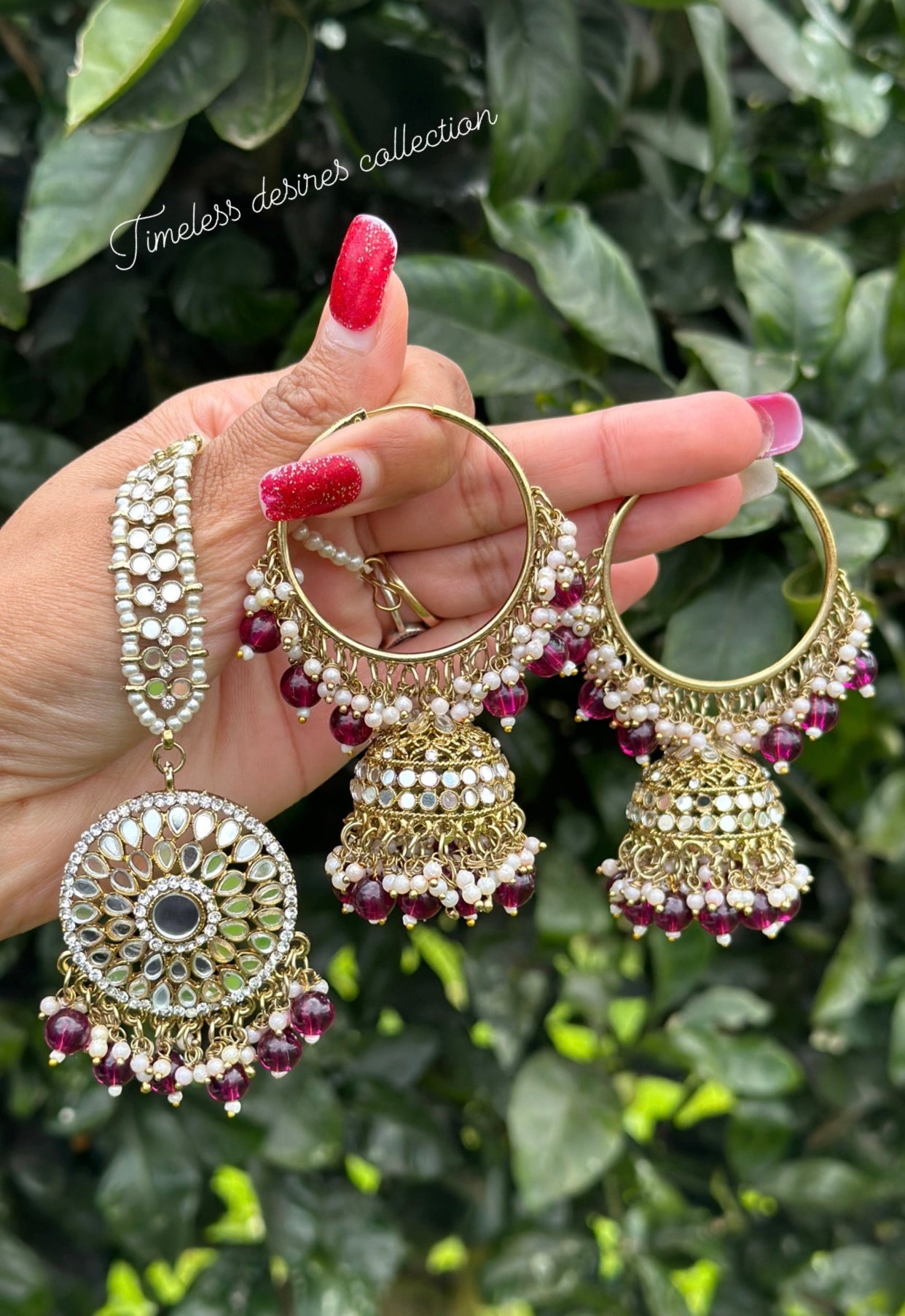 Purple Waliya earrings with tikka in mirror