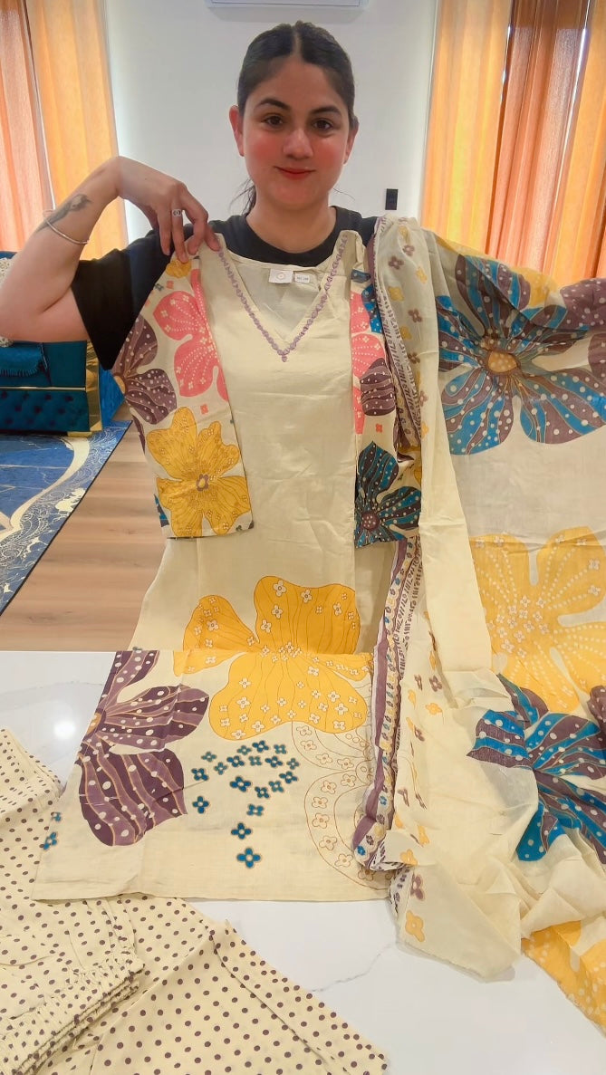 Readymade 3 pieces suit with mirror work on the neck (Colour: multi, Code: 169 )