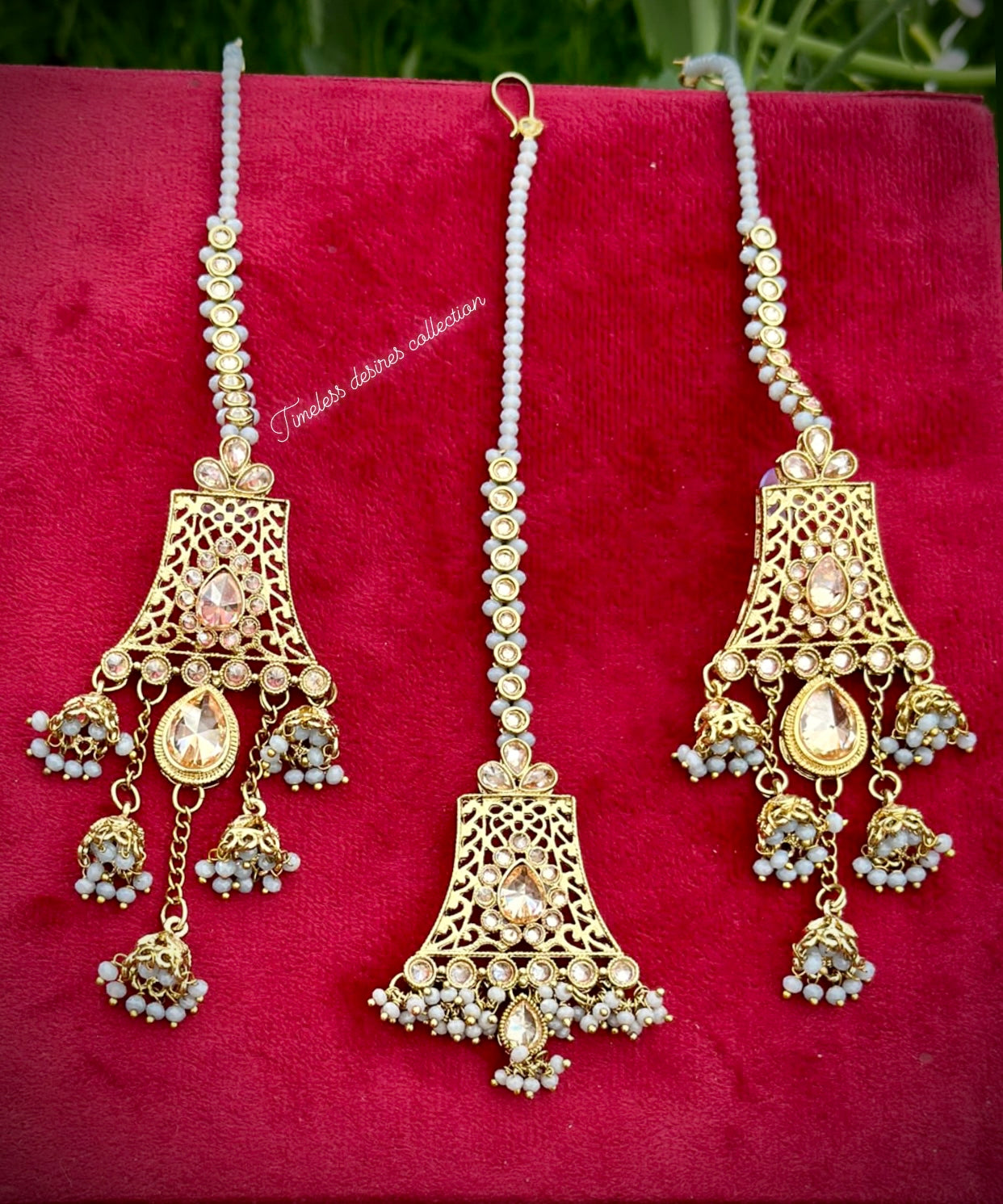 Grey Jhumka drop earrings and tikka set in reverse AD ( high quality of Polki )