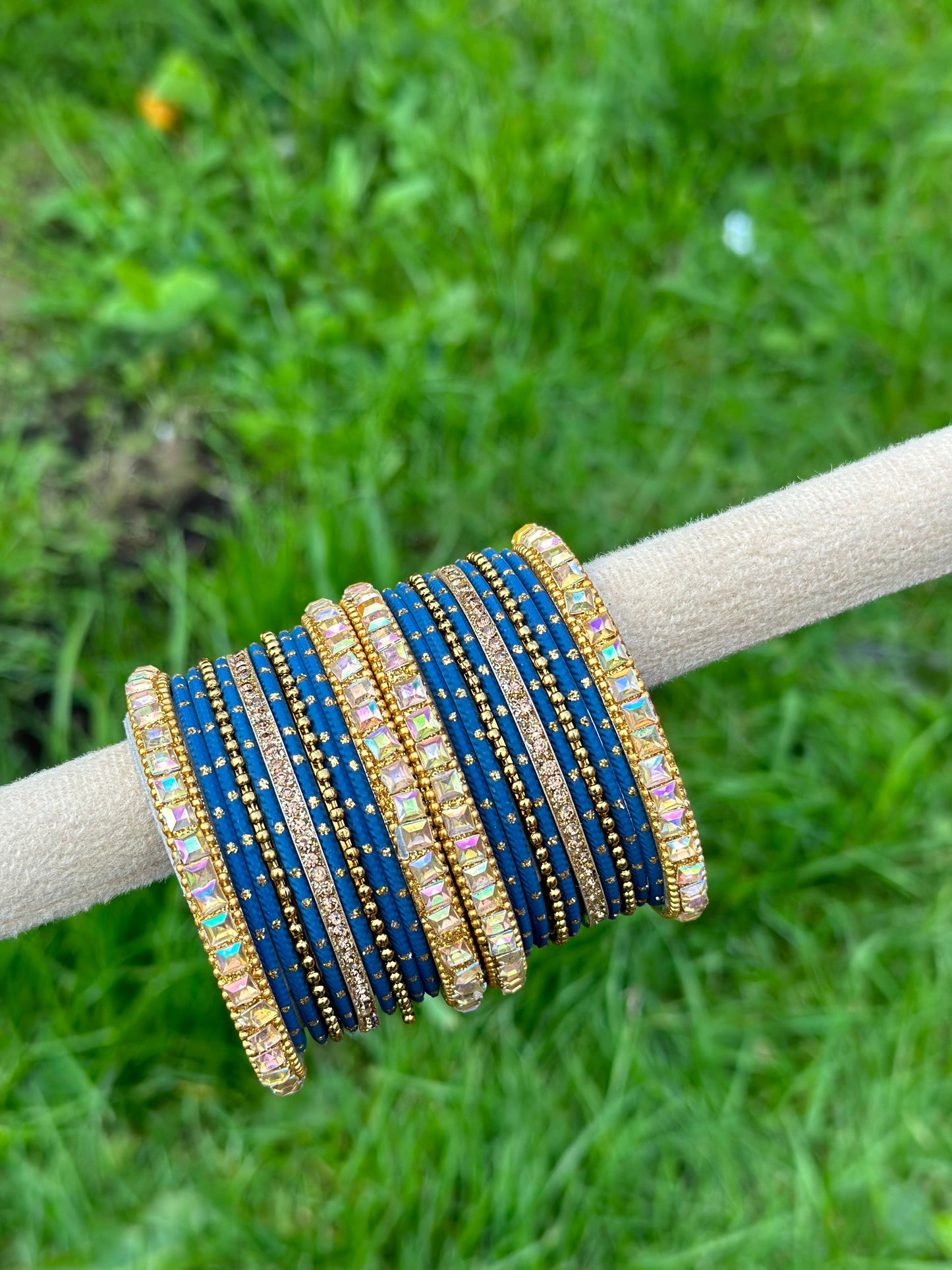Blue colour bangles with shiny golden kangan’s ( set of both hands )