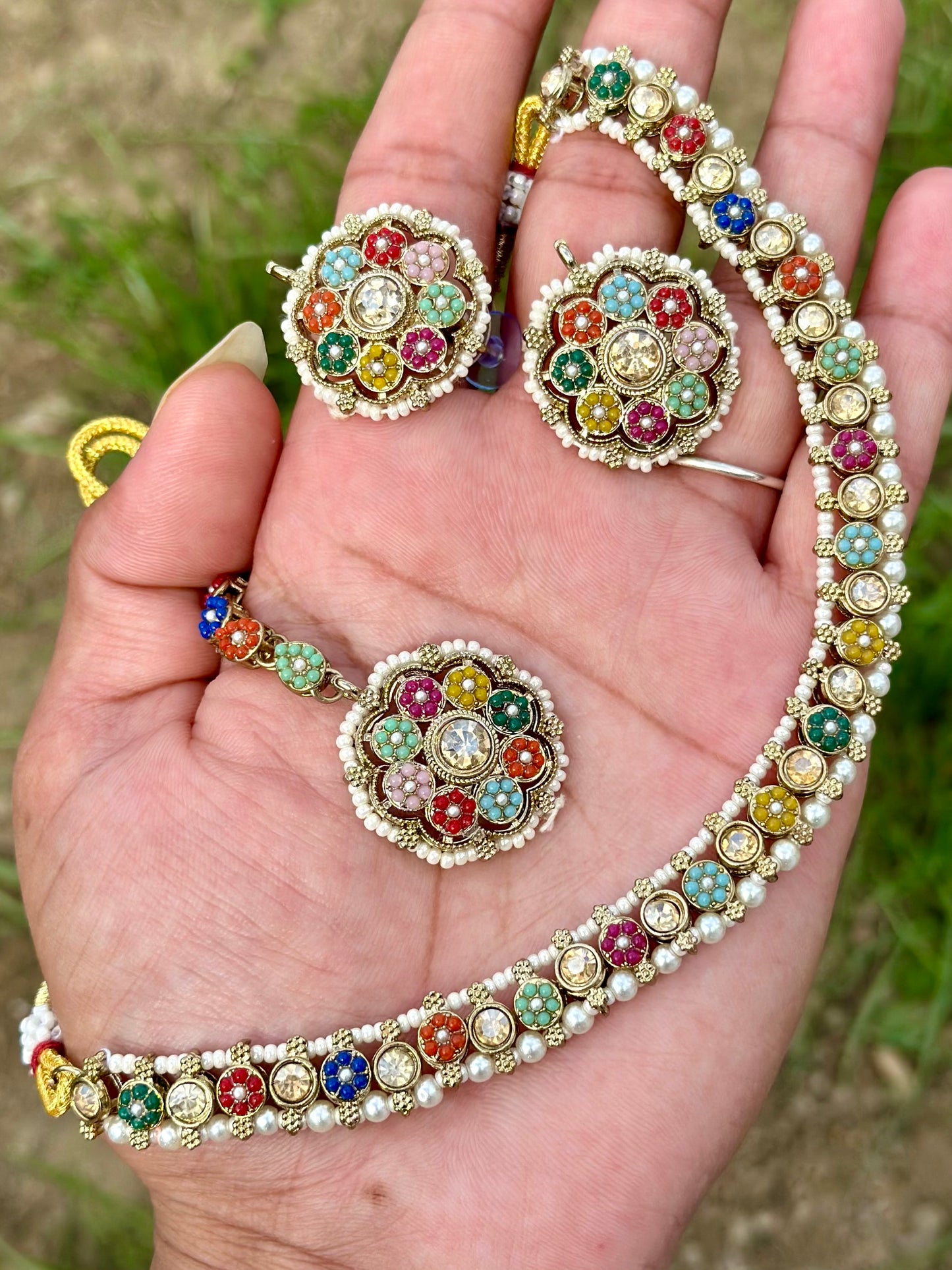 Multi Necklace set with earrings and tikka - J27