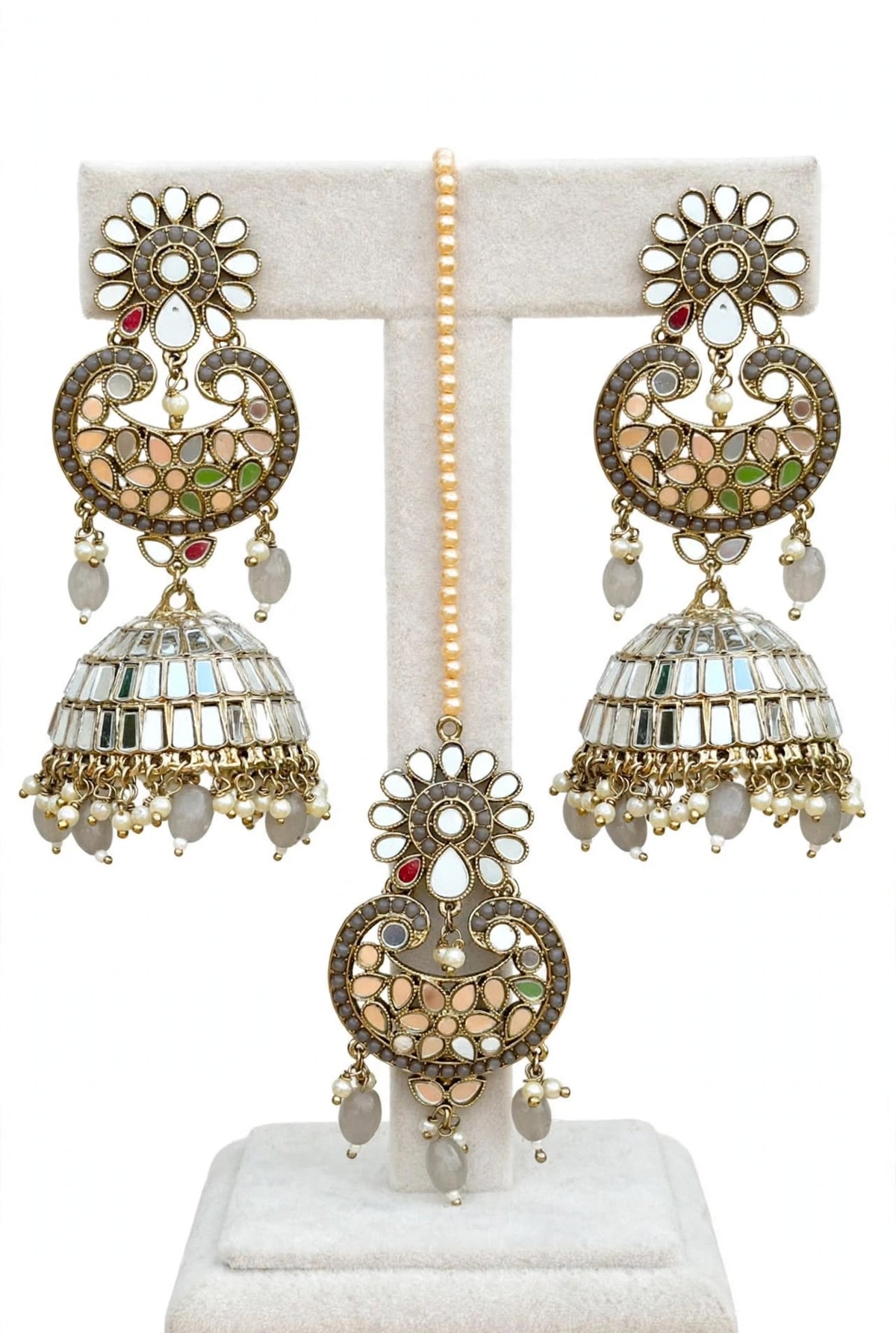 Grey long earnings and tikka set in mirror