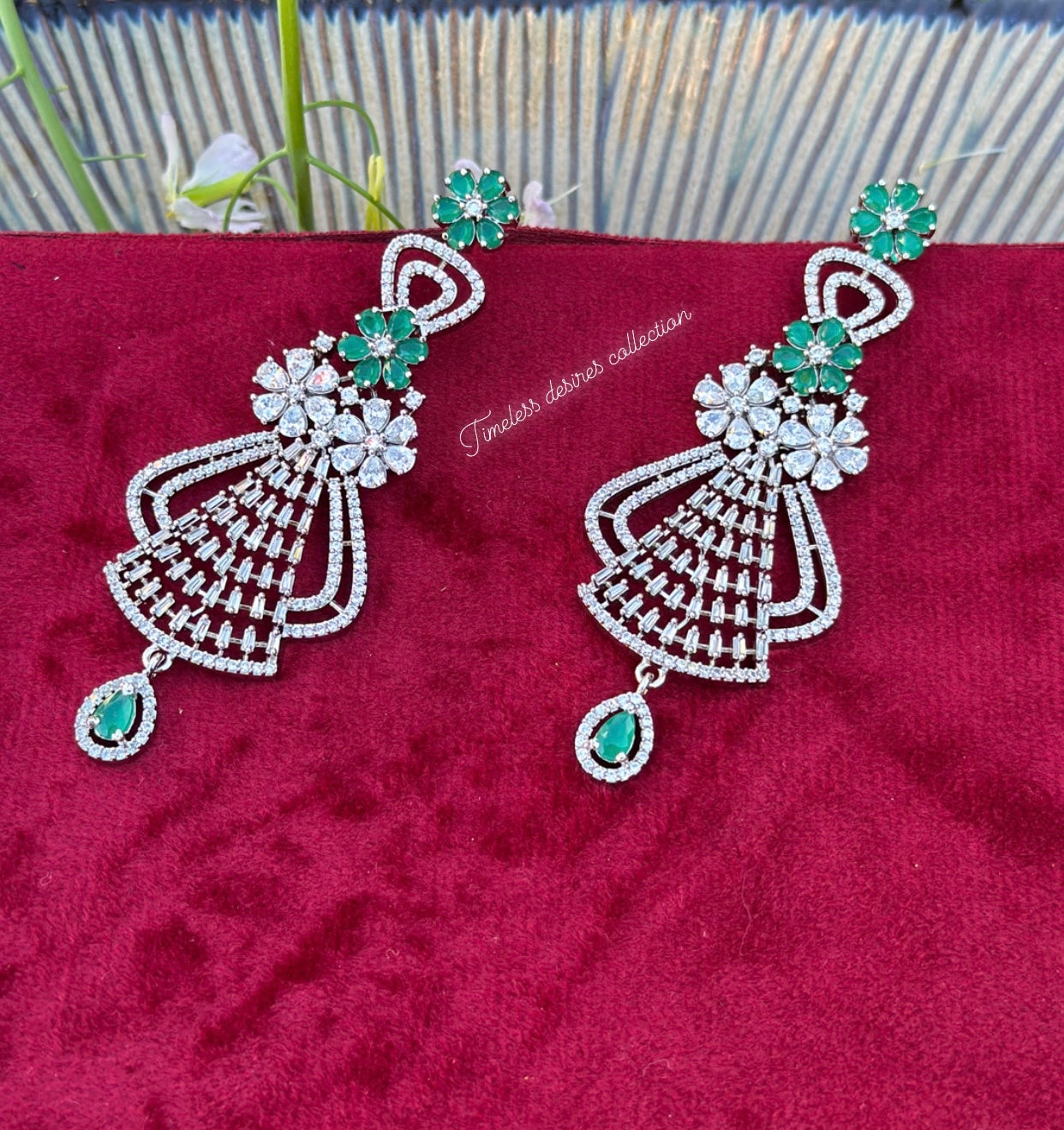 Green American diamond earrings in silver