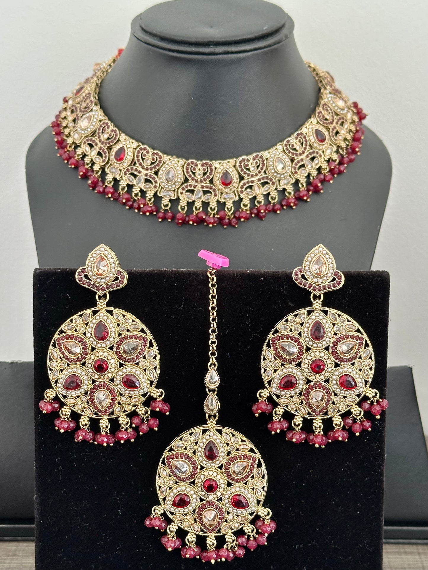 Maroon necklace set with earrings and tikka- J25