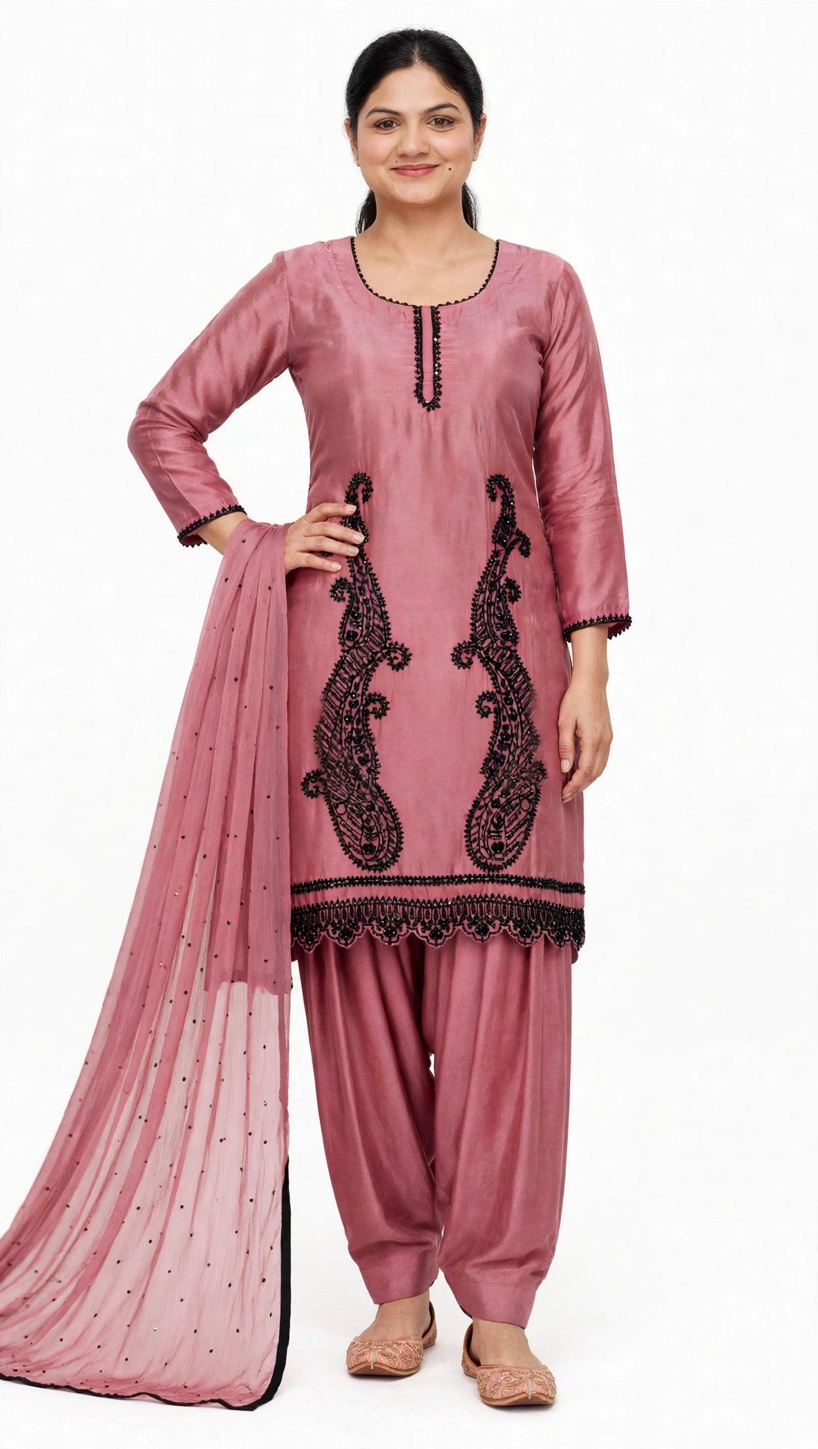 Dusty Pink suit on crape with Salwar with chiffon Duppata - Suit has black pearl beads work ( Code- 092 )