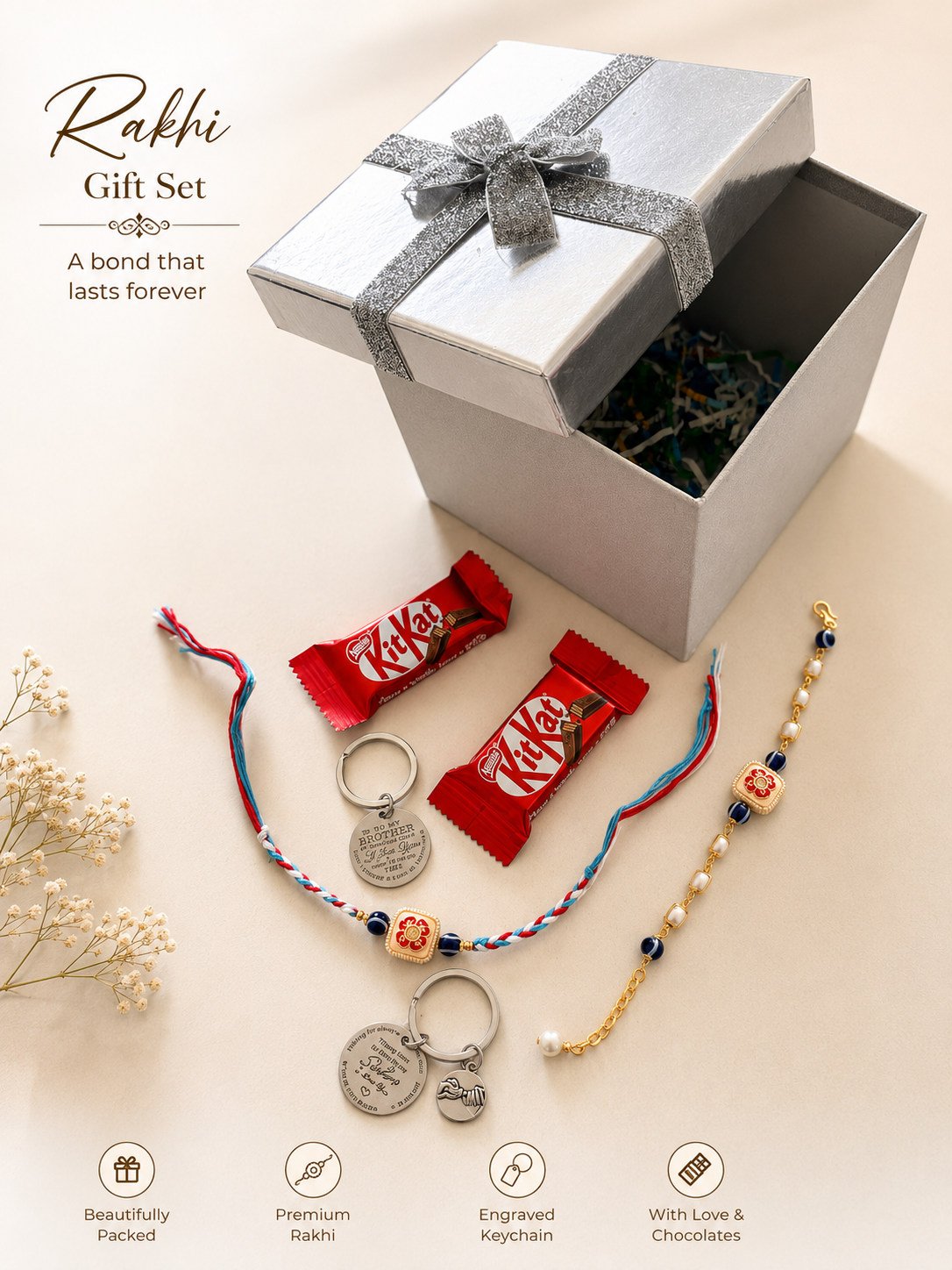 Couple Rakhi hamper with premium quality Rakhi’s (Includes: 2 rakhi, 2 key chains, 2 chocolate bars)