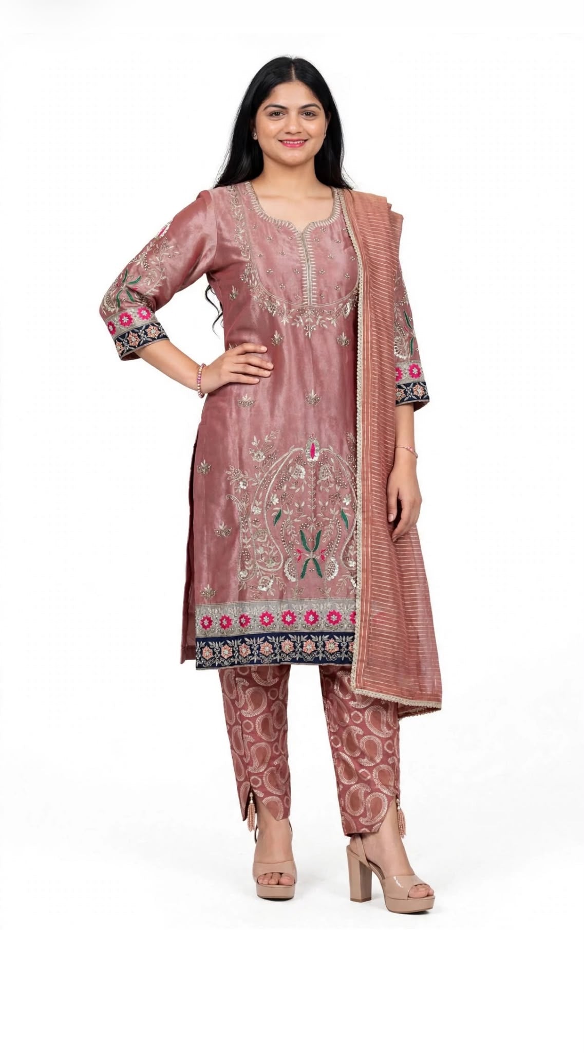 Most Premium suit with designer Kahn Khab o any & Pure silk heavy ahd work shirt paired up with designer silk duppta - Colour : Dusty Rose ( Code : 032 )