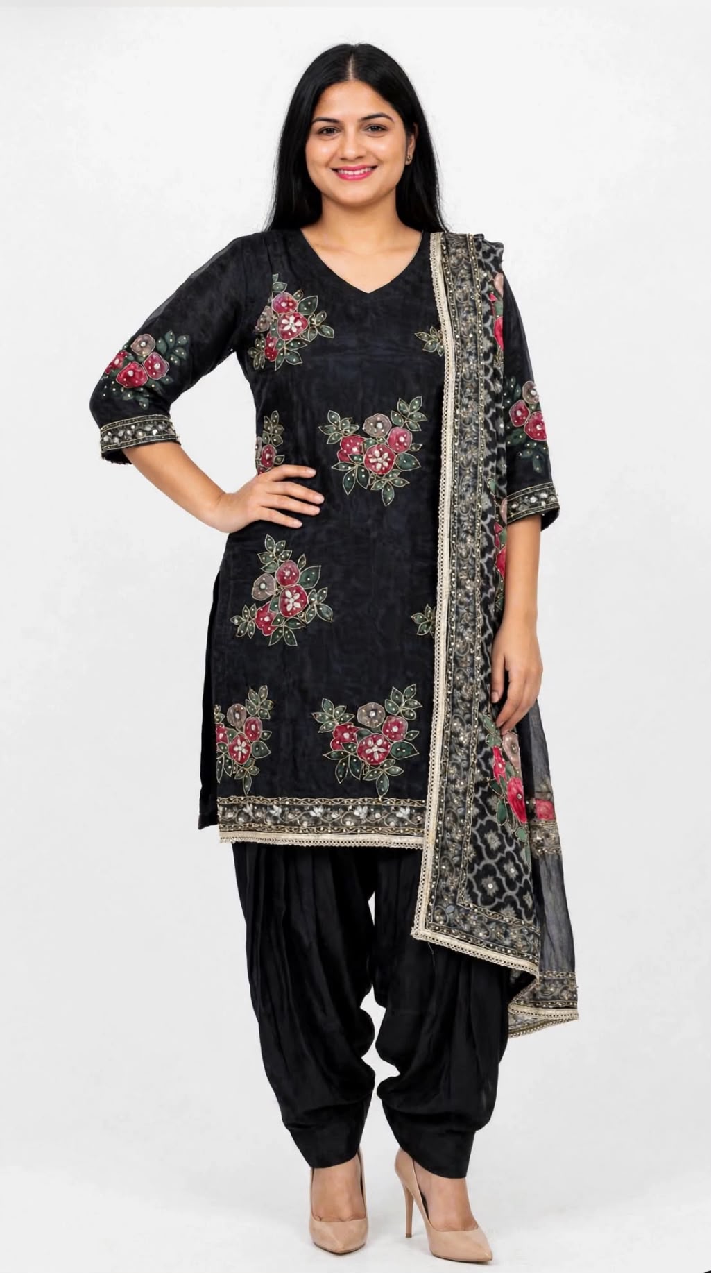 Semi party wear glass silk kameez Duppata with digital printing and embroidery detailing with real mirror work paired up with rayon fabric salwar - Colour : Black ( Code : 031 )