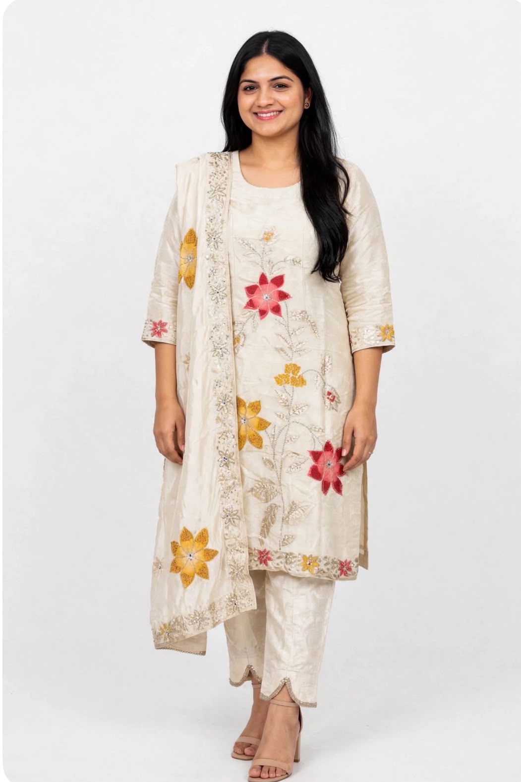 Designer party wear shimmer silk kameez and duppta detailed with sawaroski Handwork paired up with designer plazo - Colour : Beige + Multi ( Code - 030 )