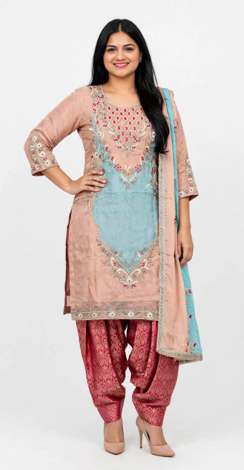 Our Best seller - Premium heavy designer shimmer kameez and duppta with handwork , Gota Patti detailing paired up with Kheen Khab Salwar - Colour : Dusty Rose with Hot Pink ( Code : 028 )