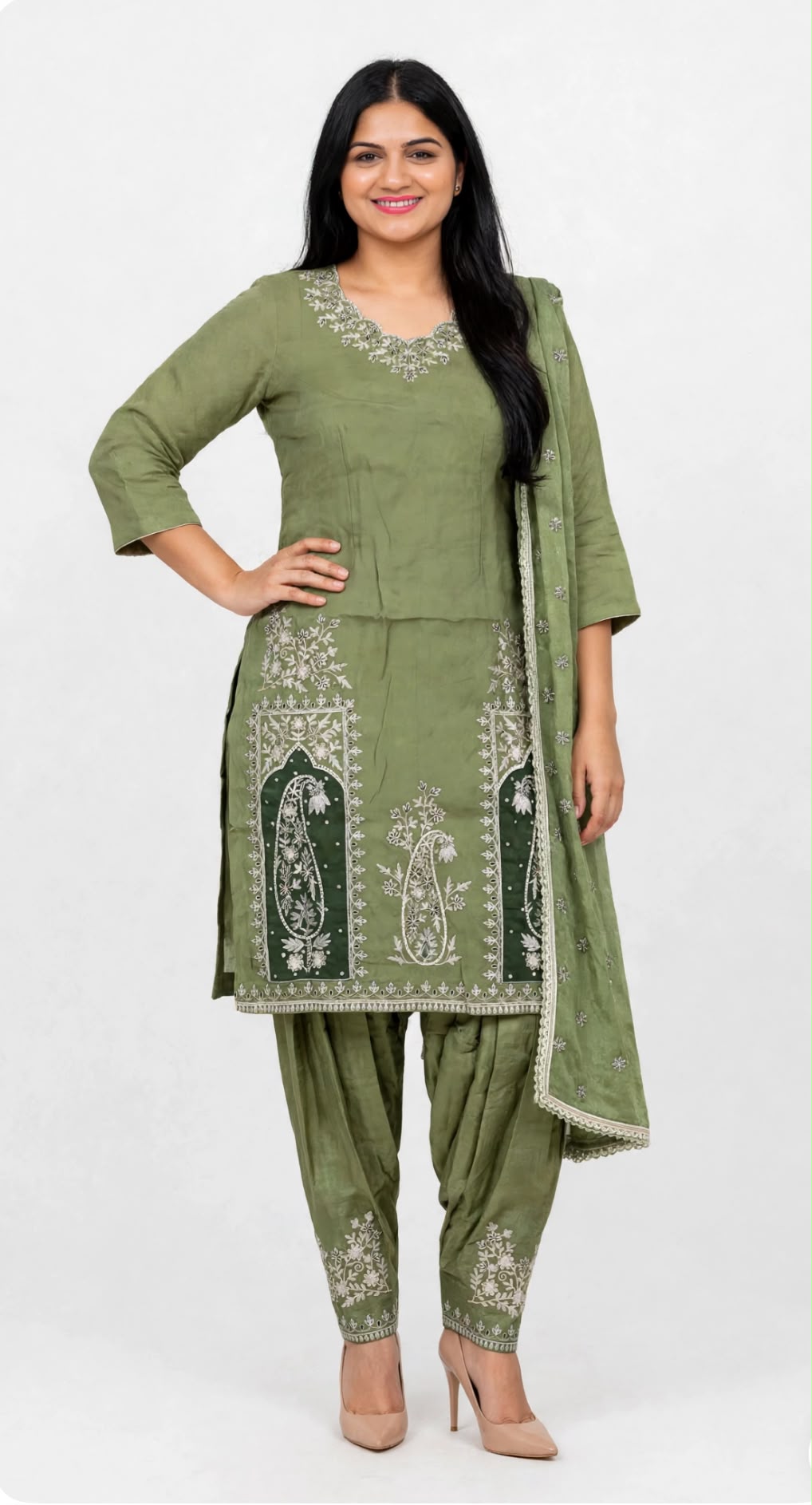 Organza based Hand + Tilla work mixed party wear suit with silk bottom and organza duppta - Colour : Pastel Mehndi ( Code : 027 )