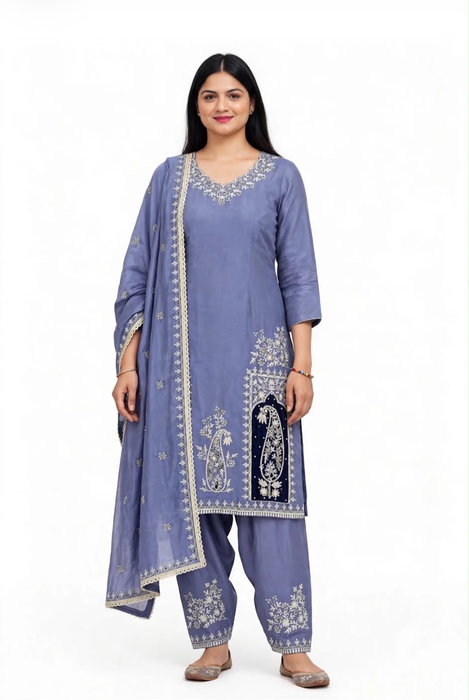Organza based Hand + Tilla work mixed party wear suit with silk bottom and organza duppta - Colour : Powder Blue ( Code : 064 )