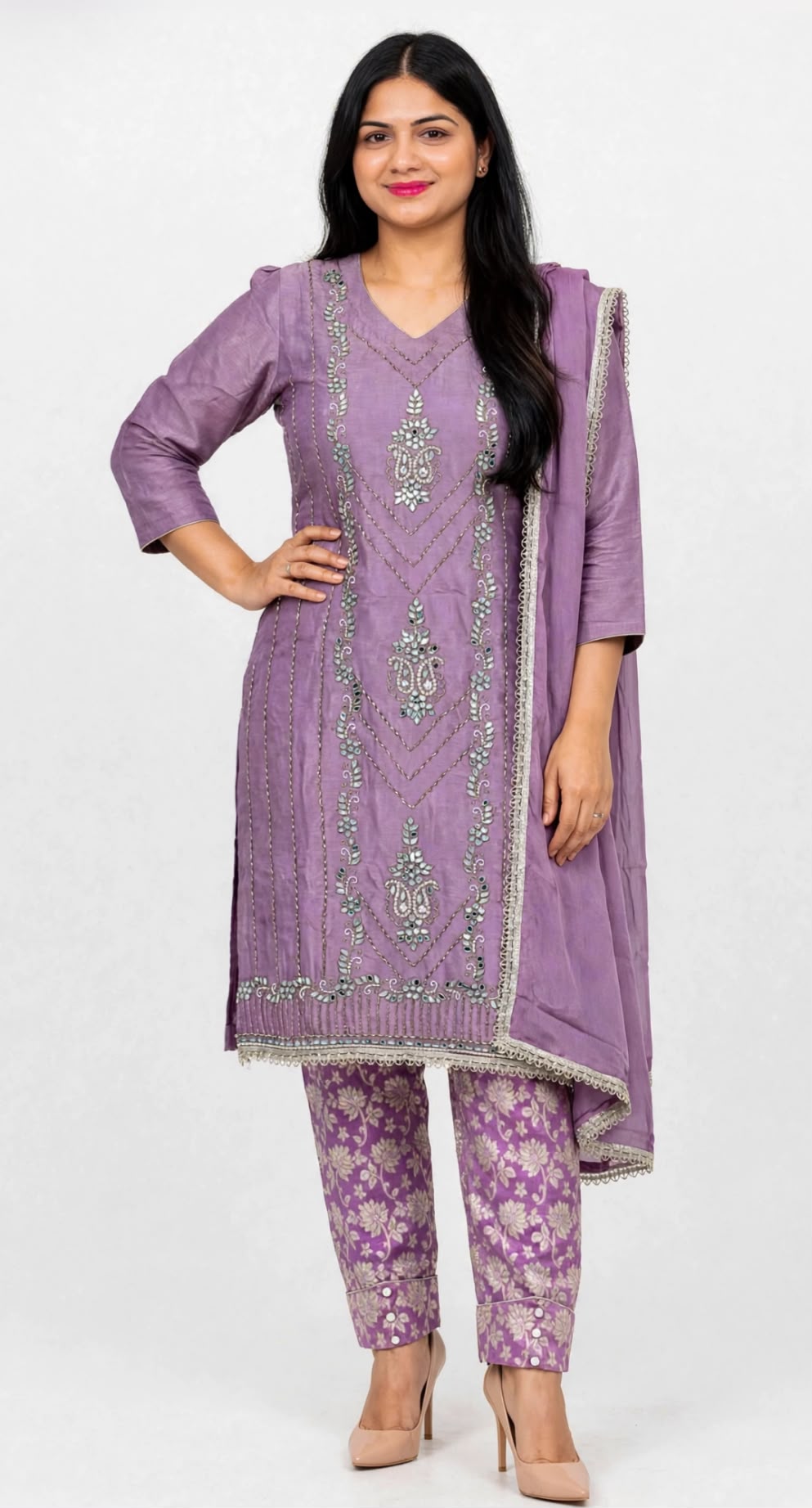 Mirror work shimmer silk Suit with designer Banarsi pant With Chiffon duppta ( Not Chinon ) - Colour : Purple ( Code : 026 )