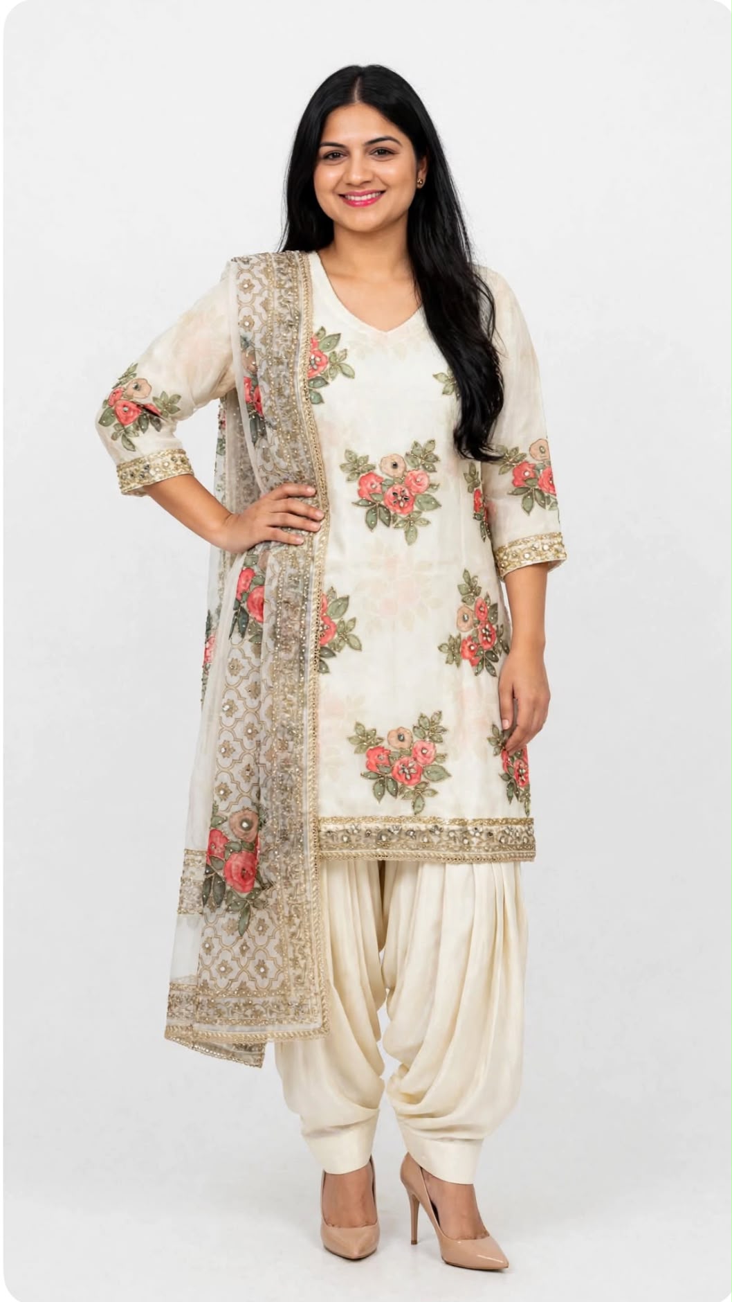 Semi party wear glass silk kameez Duppata with digital printing and embroidery detailing with real mirror work paired up with rayon fabric straight salwar - Colour : Off white ( Code : 024 )