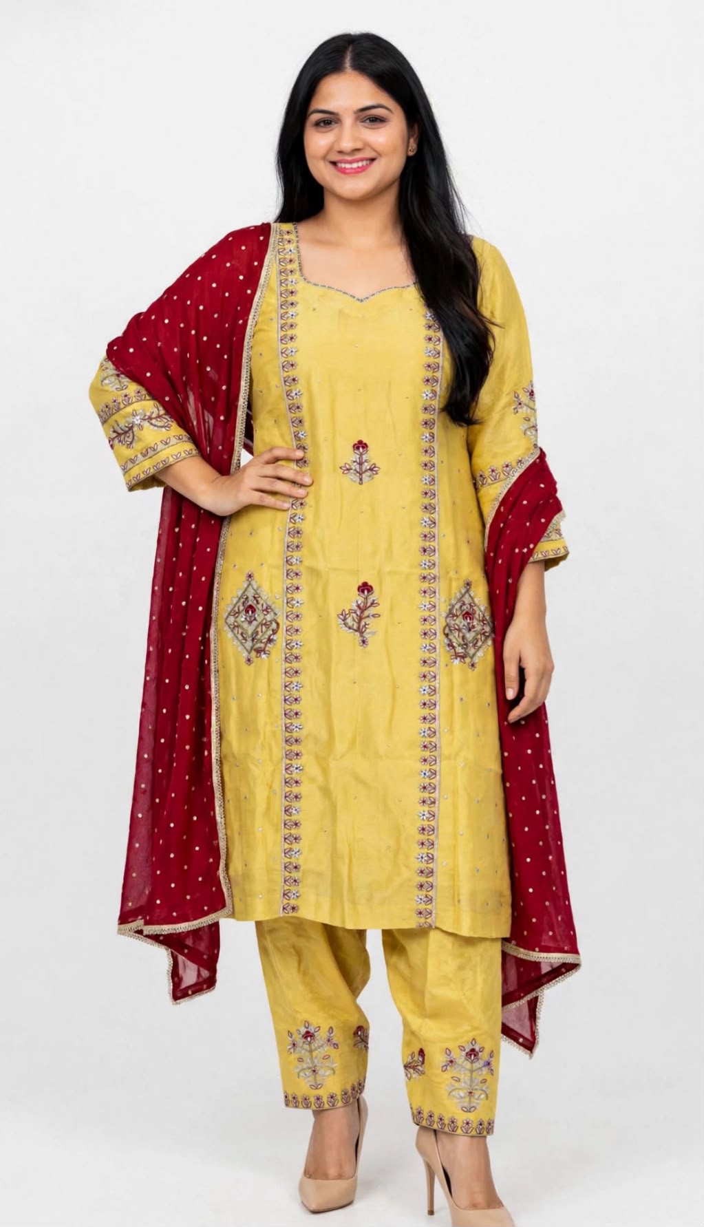 Crush tissue base Hand + Machine embroidered Suit with Viscose Duppata - Suit has work at back too - Colour : Yellow + Maroon ( Code : 023 )