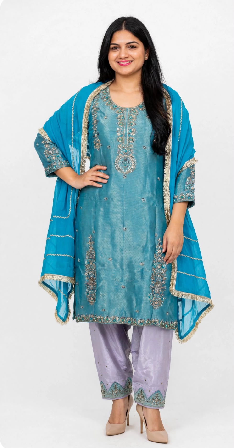 Designer Silk base Heavy Handwork suit with pure crape handwork Salwar paired up with soft Tabby Duppata - Colour : Firozi + Mauve ( Code : 021 )