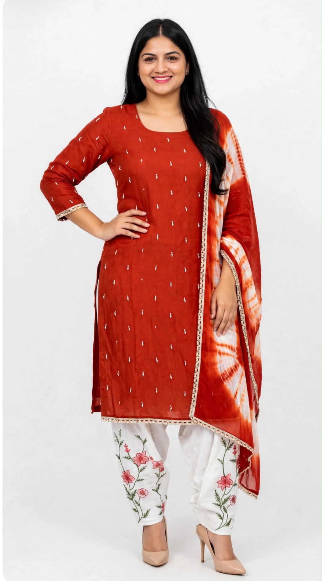Trending organza base pearl loaded kameez with crape thread embroidered designer salwar paired up with Tiy DIY duppta - Colour : Rust + Cream
( Code : 020 )