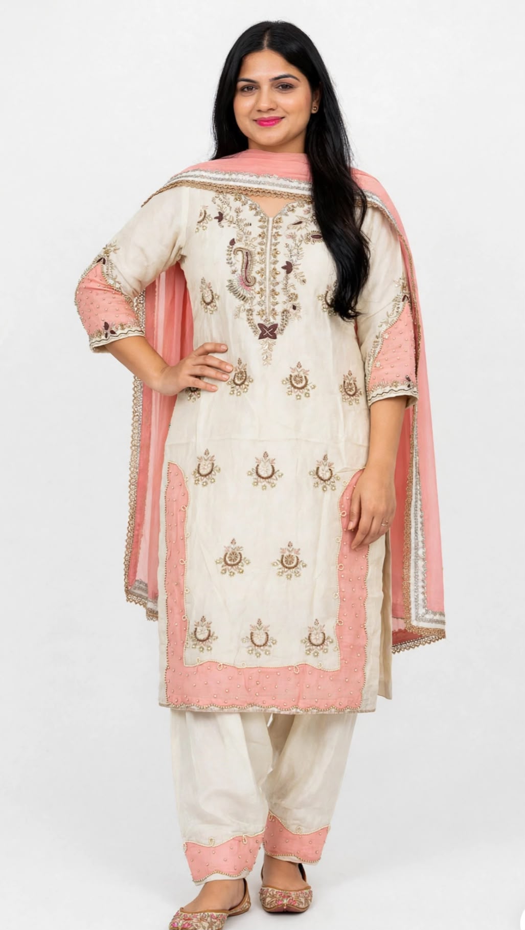 Heavy party wear Handwork Designer crape silk Kameez with crape handwork bottom enhanced with Patch work paired up with Soft Tabby duppta - Colour : Cream + Dusty Pink ( Code : 019 )