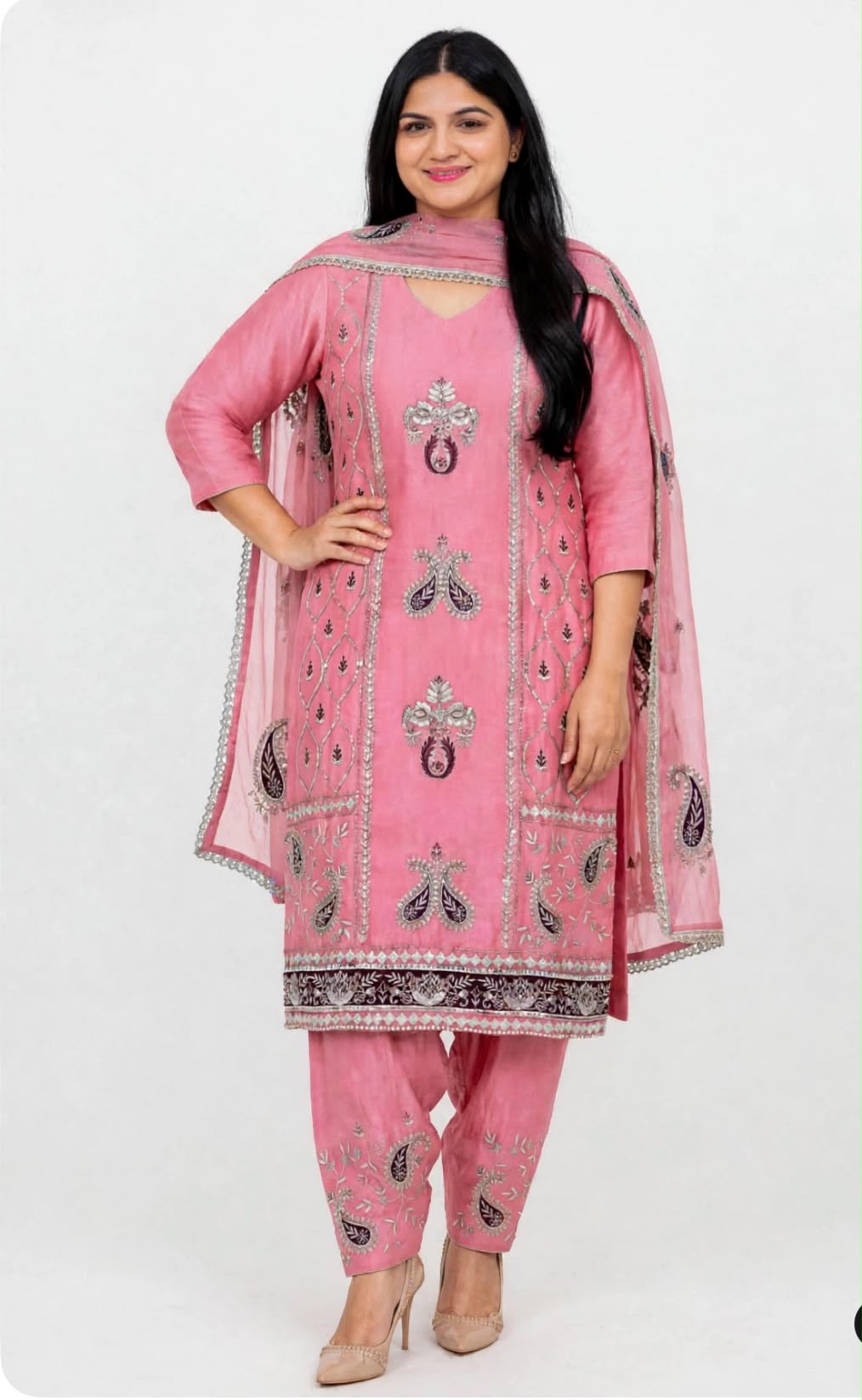 Organza based Hand + Tilla work mixed party wear suit with silk bottom and organza duppta - Colour : Blush Pink ( Code : 017 )