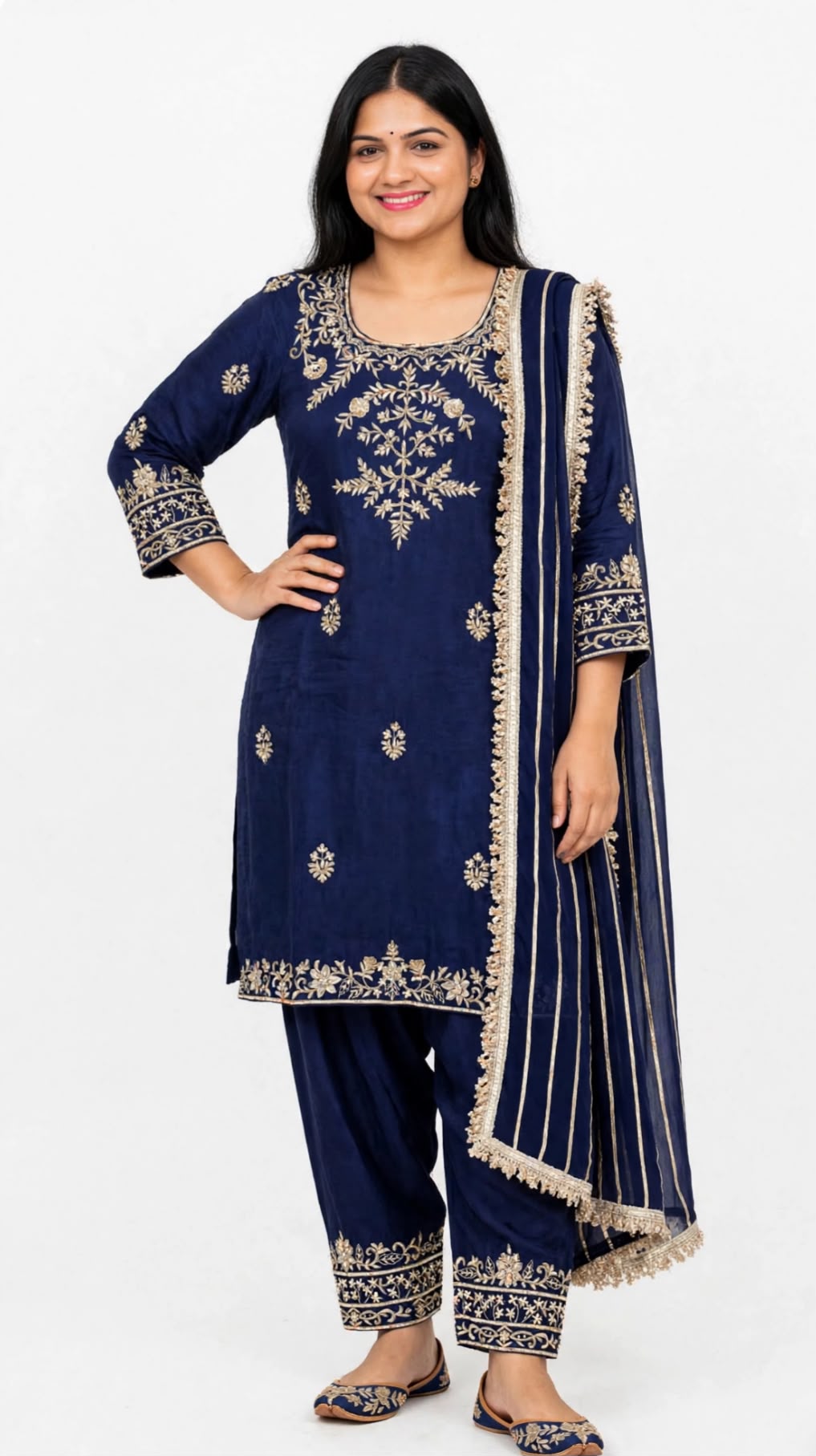 Party wear Crape silk based handwork kameez and salwar paired up with lace designer duppta - Colour : Navy Blue ( Code 016 ).