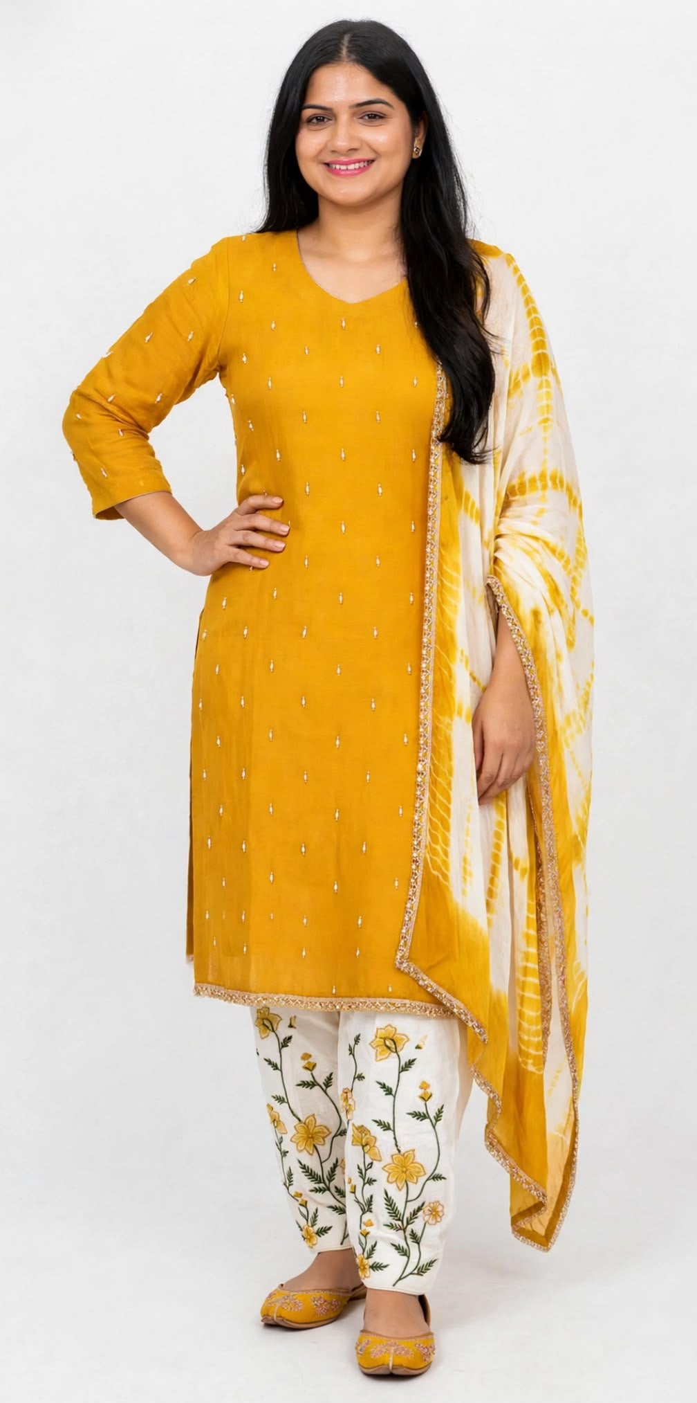 Trending organza base pearl loaded kameez with crape thread embroidered designer salwar paired up with Tiy DIY duppta - Colour : yellow + Cream
( Code : 014 )