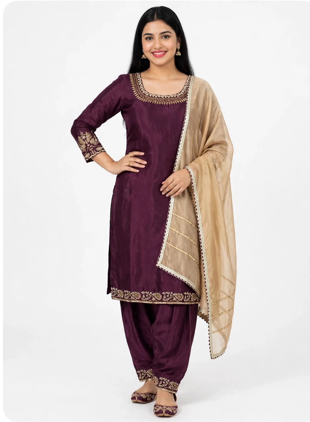 Pure silk base Plum and Skin handwork suit paired up with Chinon duppta 👌 - Code 07