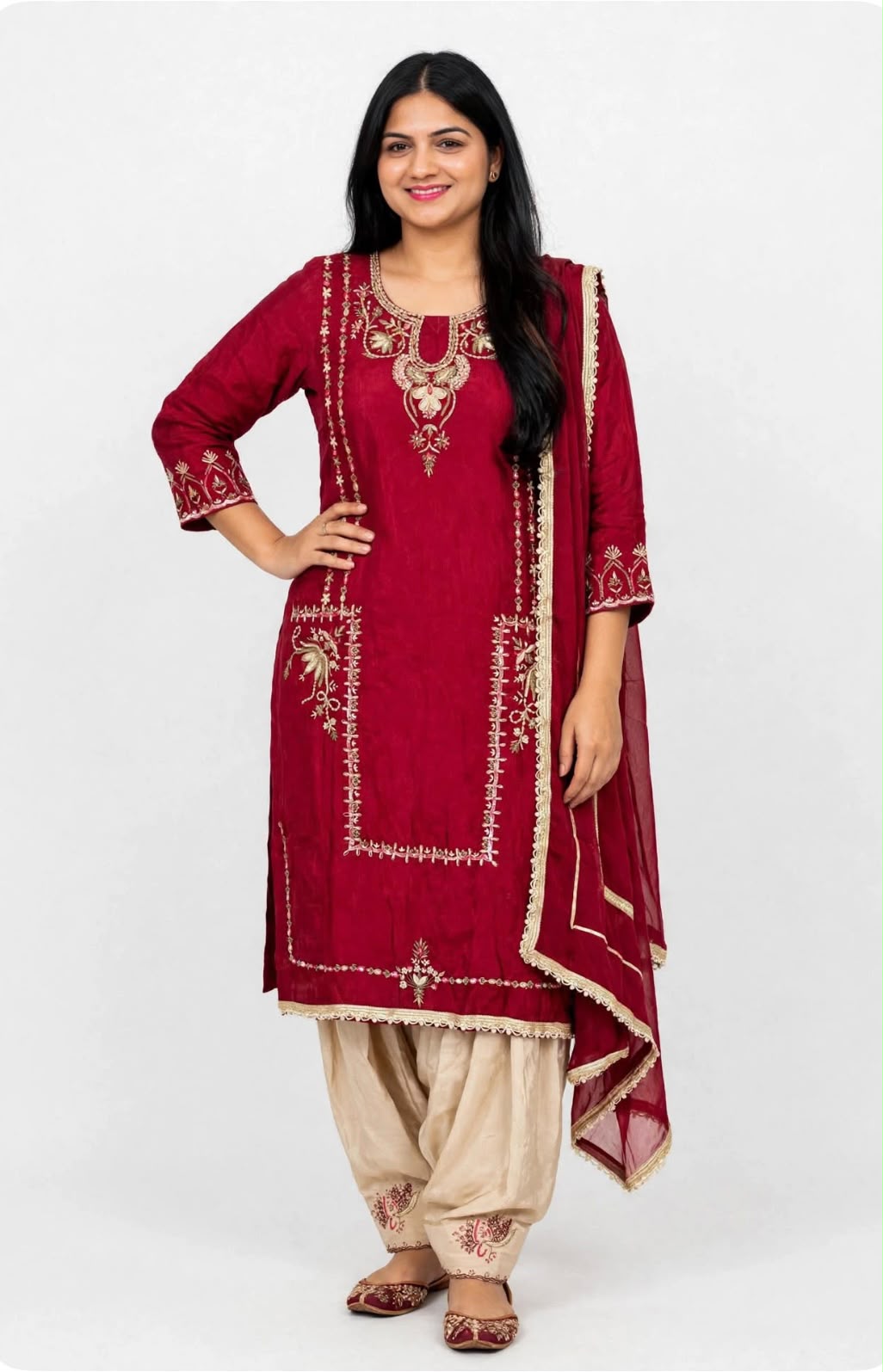 Pure crape silk based designer handwork premium suit with natural crape Handwork salwar paired up with chinon duppta - Colour: Maroon + Skin ( Code: 02 )