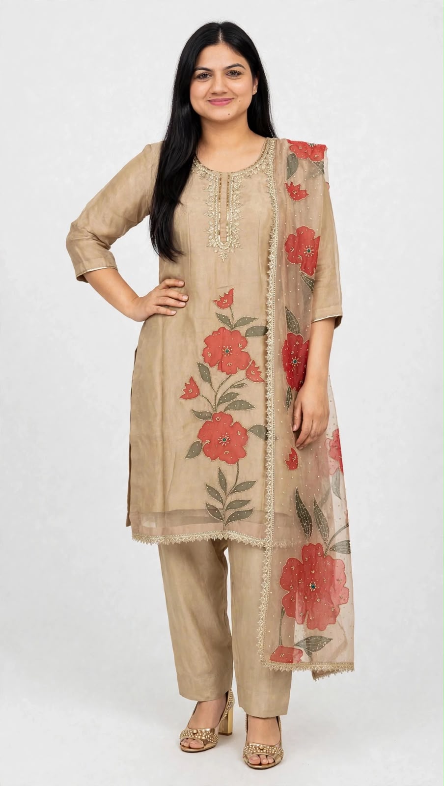 Silk base biscotti Colour Handwork suit with plazo with brush paint and embroidered Duppata - Code 095