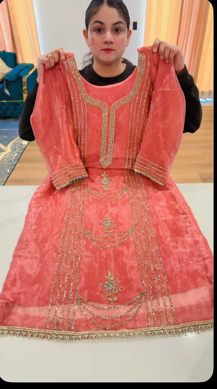 Handwork on Glass tissue ( Colour: Peachy Pink ) - Code: 618