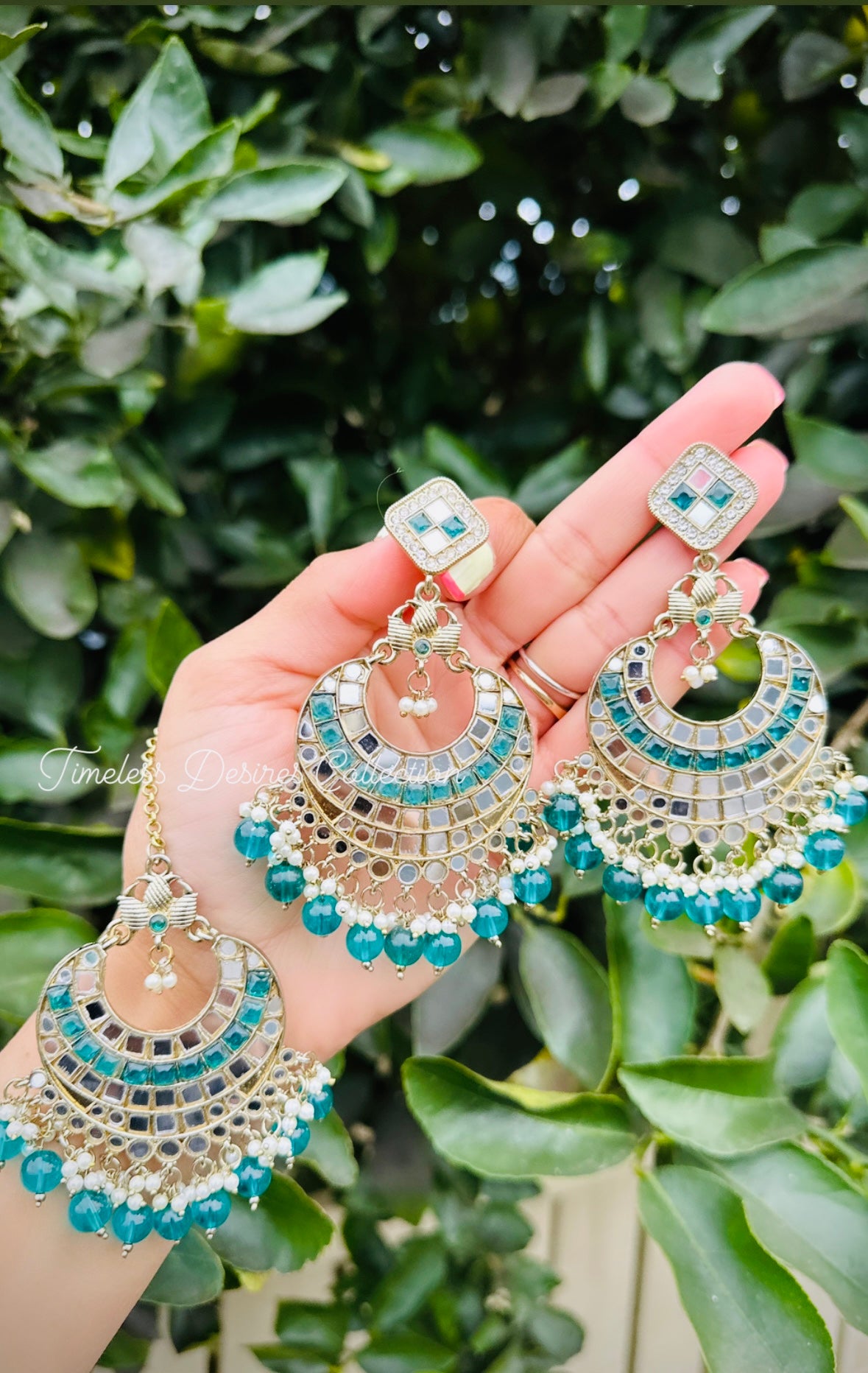 Peacock Colour Mirror Loaded Earrings Tikka