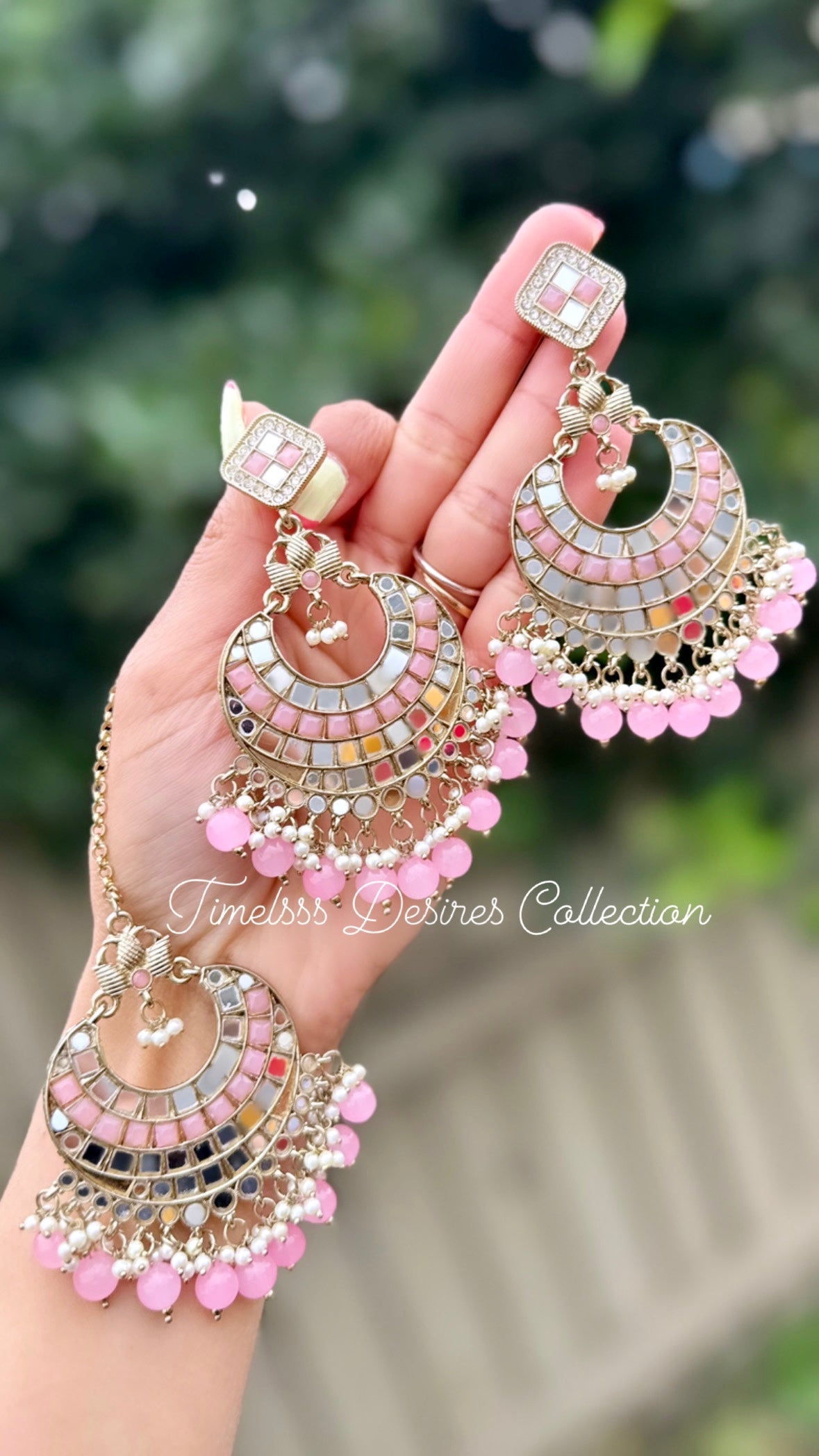 Baby Pink or Light Pink Copper based stunning mirror earrings tikka set