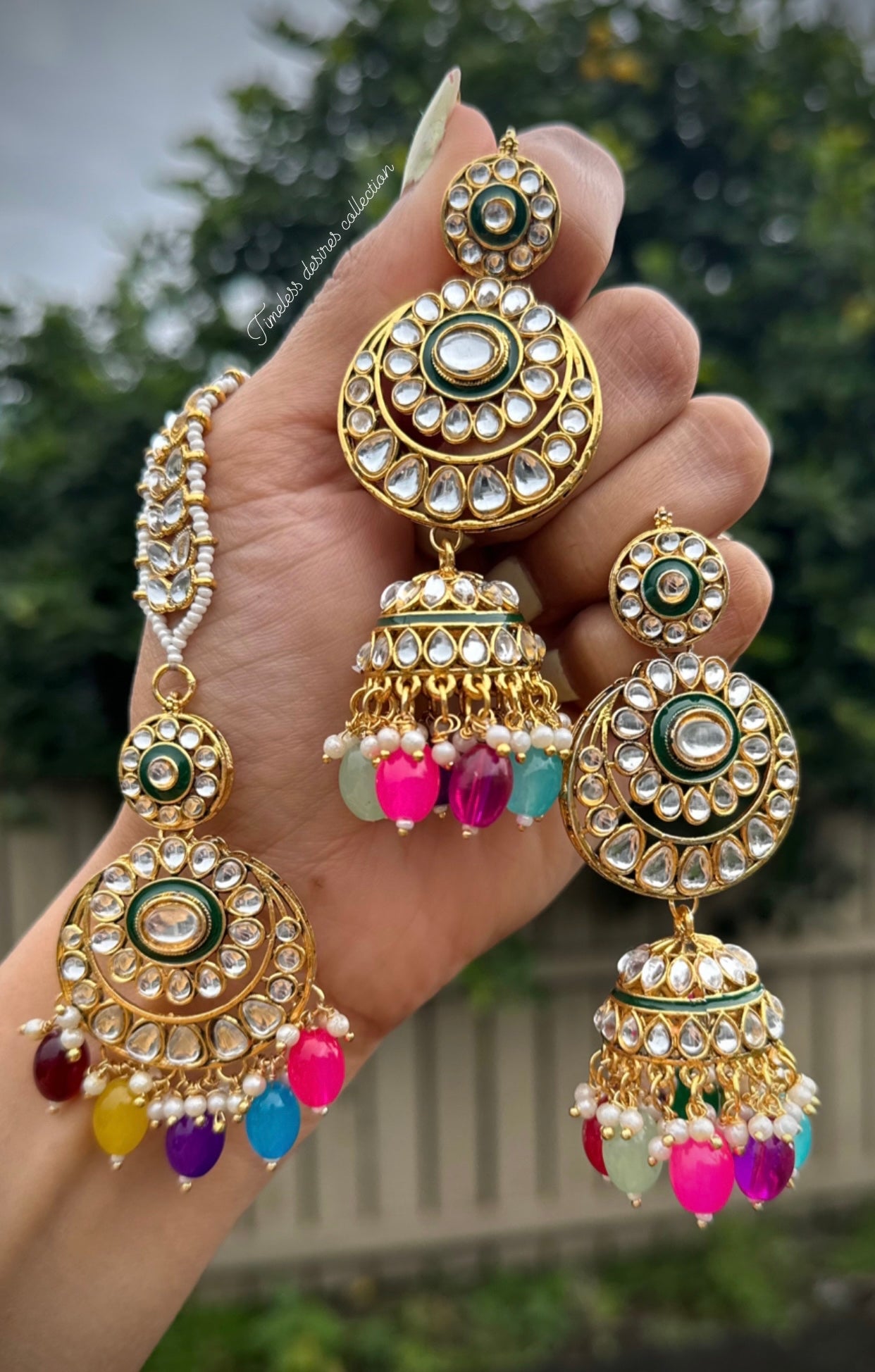 Multi coloured Jhumka earrings with Tikka in uncut Kundan
