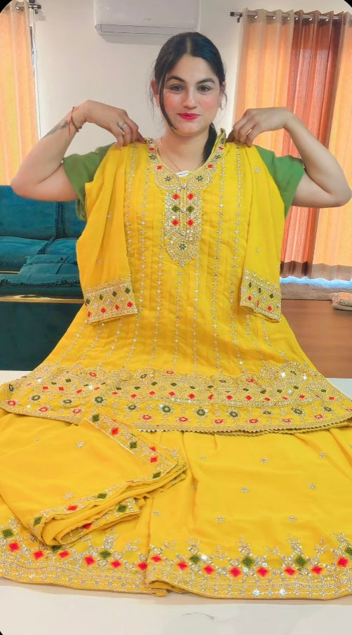 Party wear Sharara suit on Georgette ( Colour - Yellow )Code: RS105