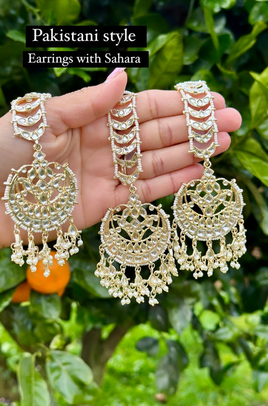 White Pearl loaded earrings and tikka set in Pakistani style in kundan