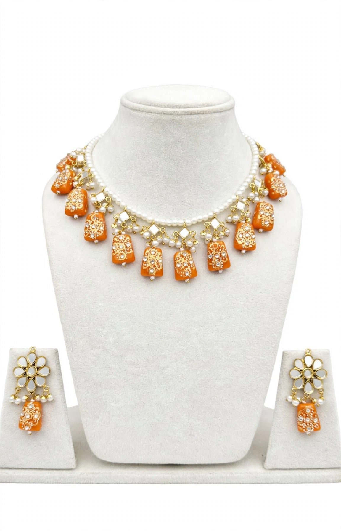 Orange necklace / choker set in mirror with tumbler beads- N14
