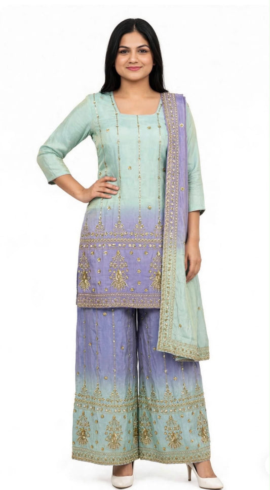 Boutique designer Heavy party wear Sharara / Lehnga suit in shimmer silk with heavy handwork duppta - Colour : light blue  + Lavender  ( Code : 371 )